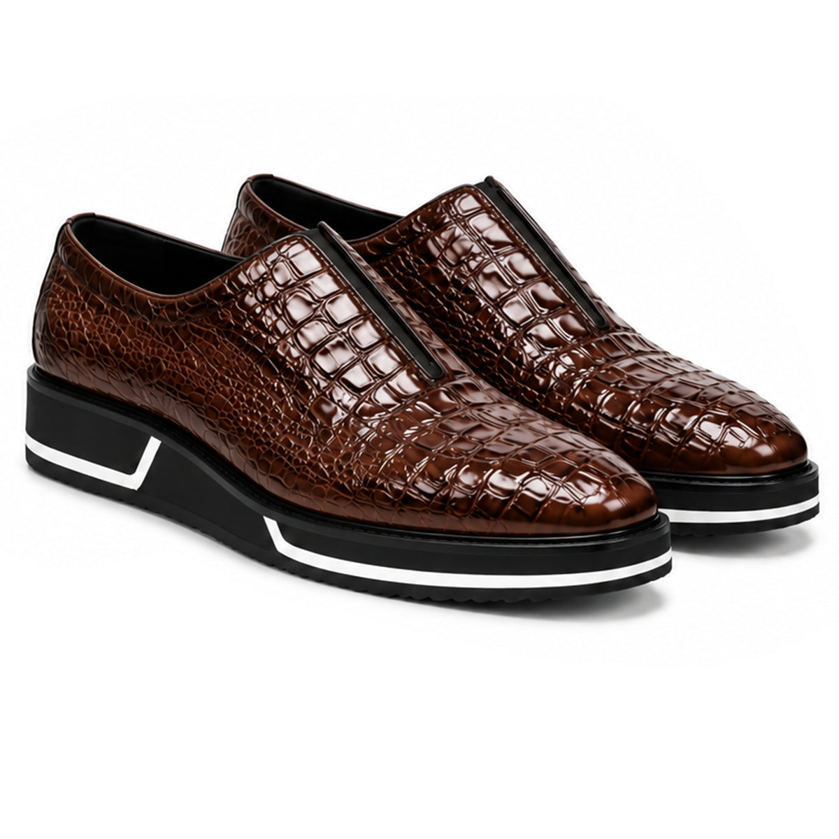Sovrano Laceless Loafers Croc Pattern in Dark Brown - men's shoes, view 1