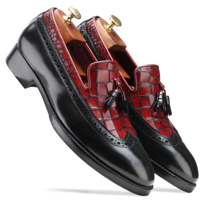 Wheatley Designer Tassel Loafers in Black and Red