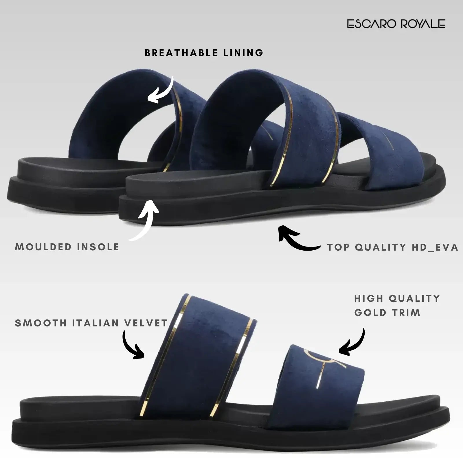 Napier Blue Velvet Sliders with Gold Trim