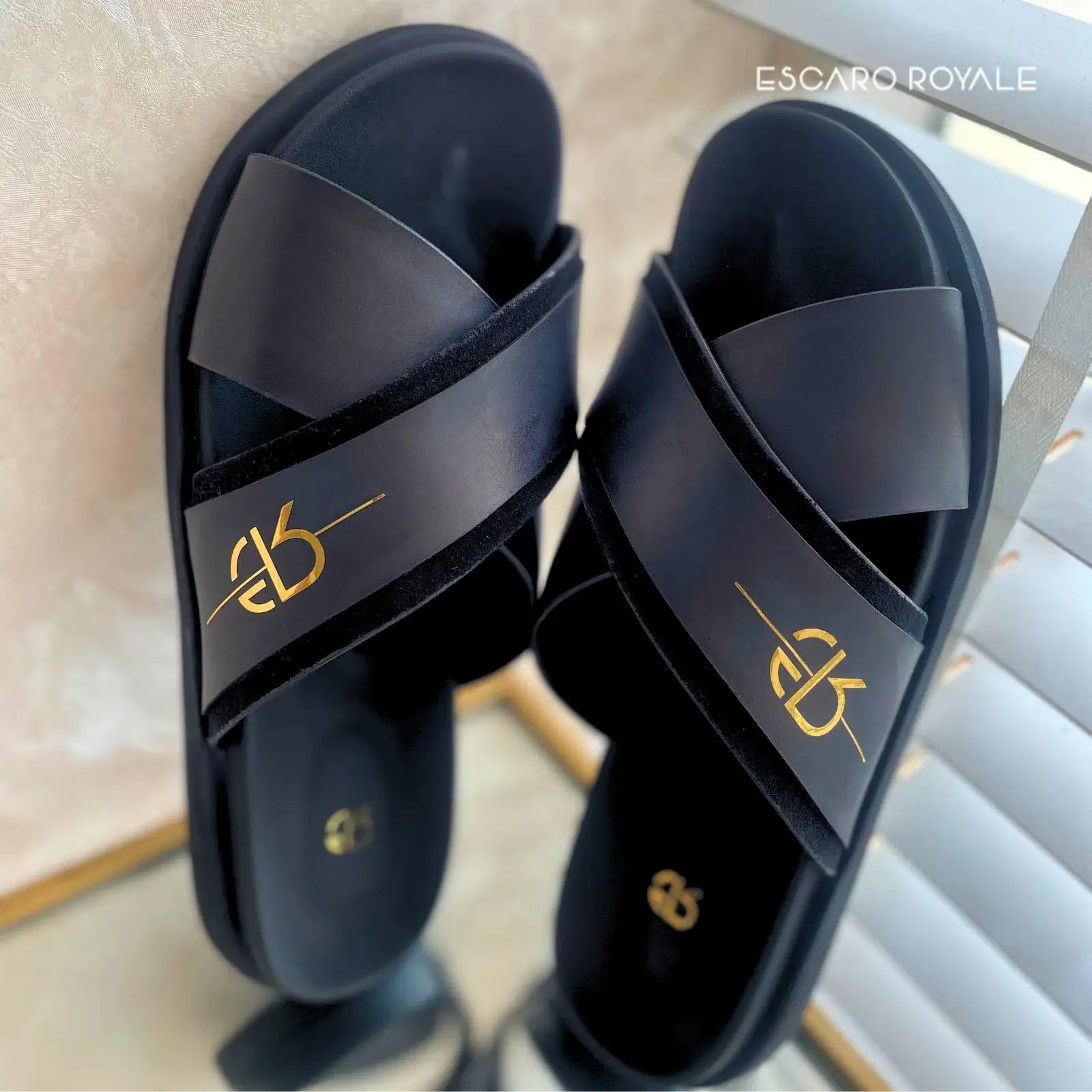Canberra Cross Sliders in Black with Gold Trims