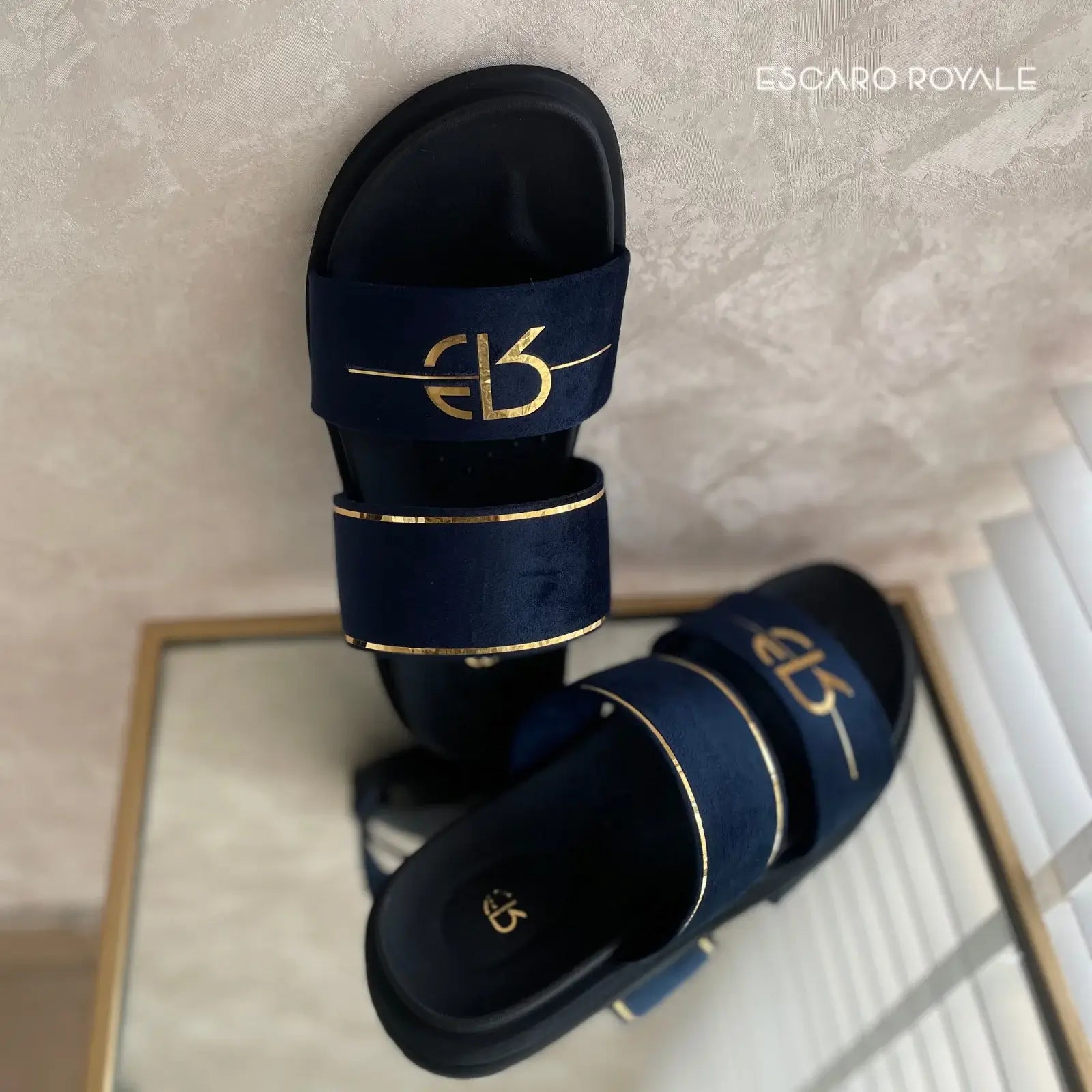 Napier Blue Velvet Sliders with Gold Trim