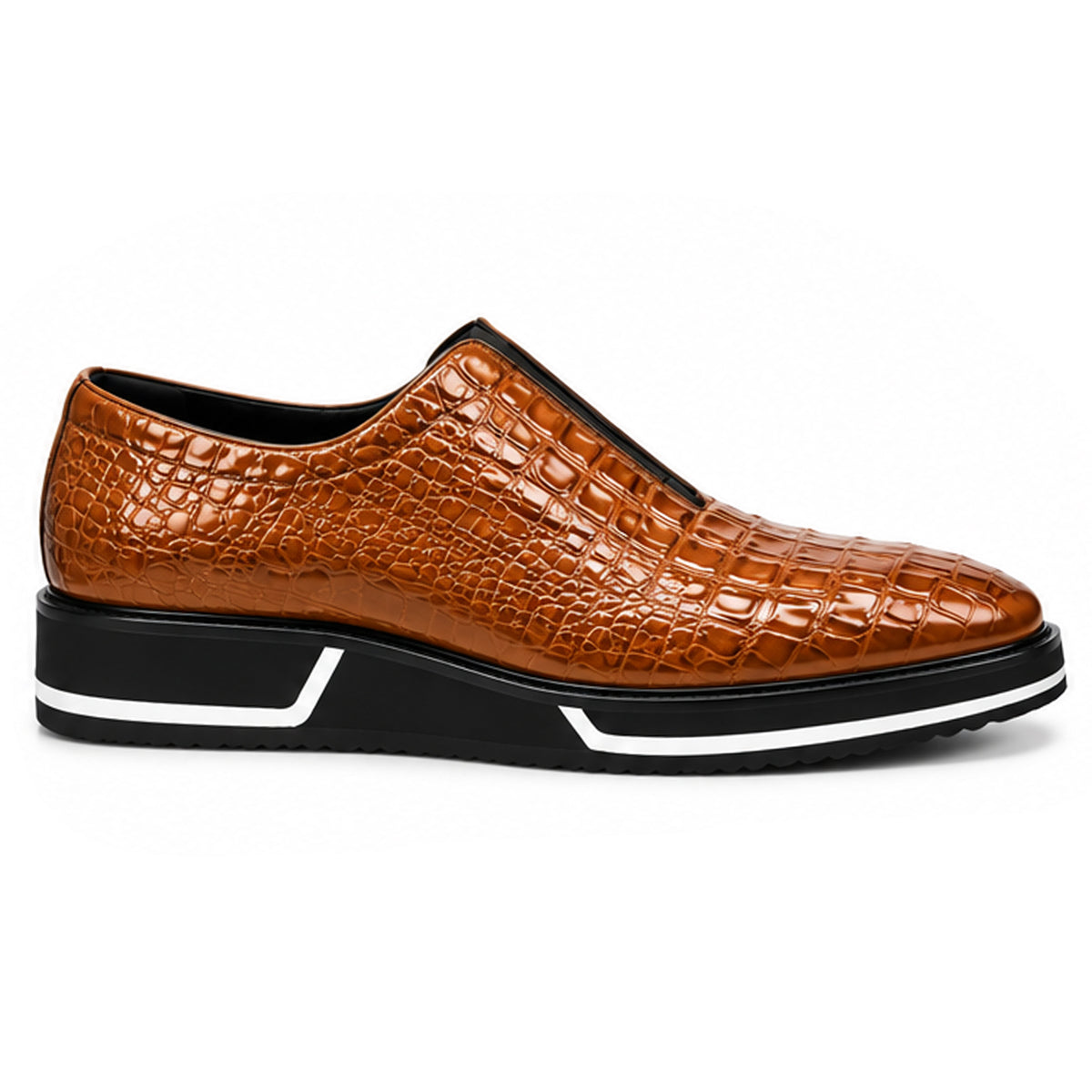 Sovrano Laceless Loafers Croc Pattern in Cognac - men's shoes, view 4