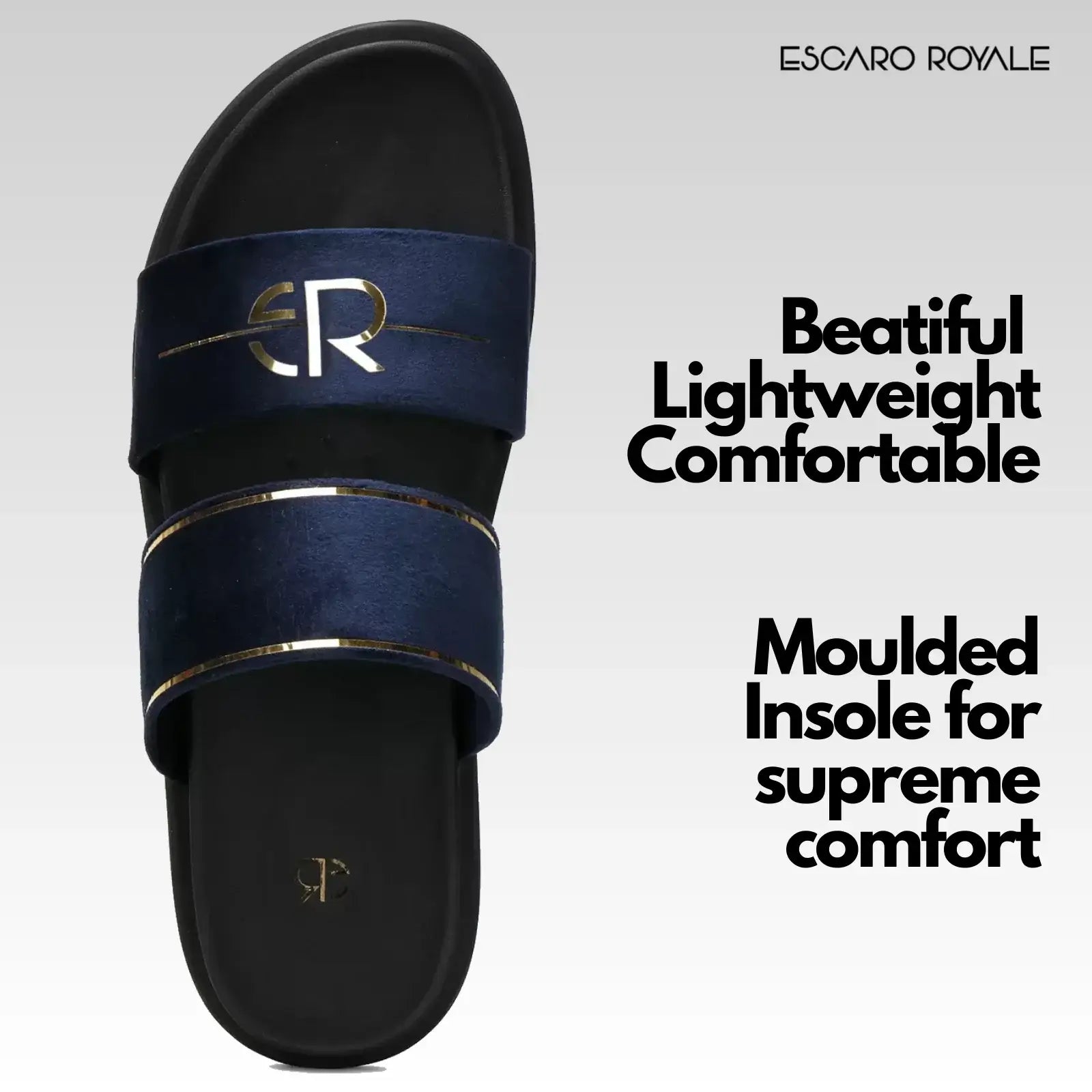 Napier Blue Velvet Sliders with Gold Trim