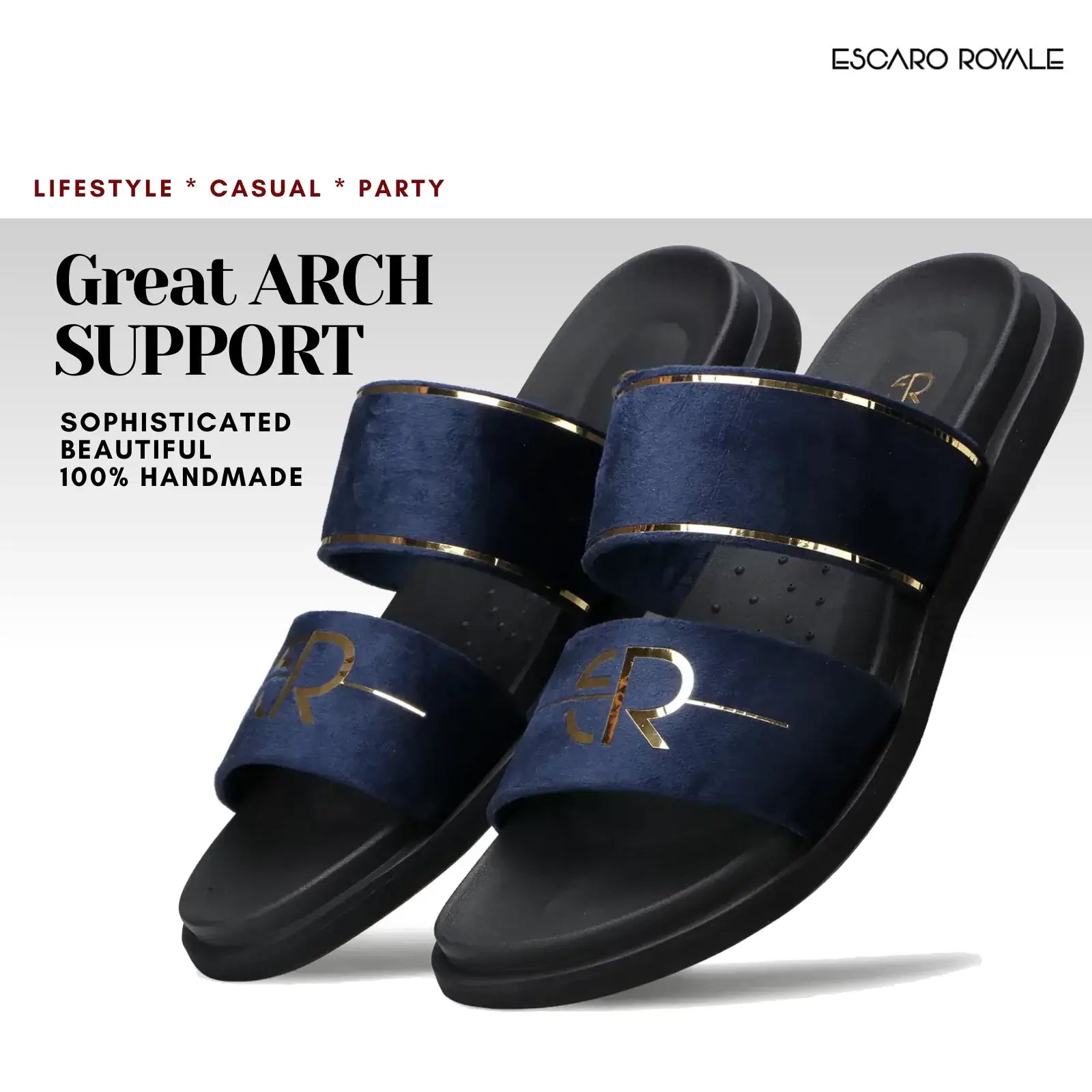 Napier Blue Velvet Sliders with Gold Trim