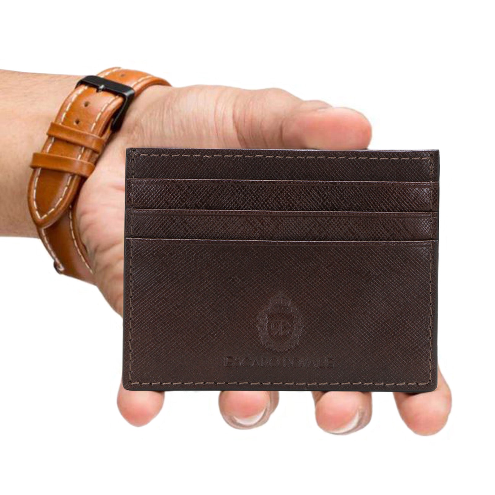 Brown Leather Men Basket Weave Design Luxury Card Holder