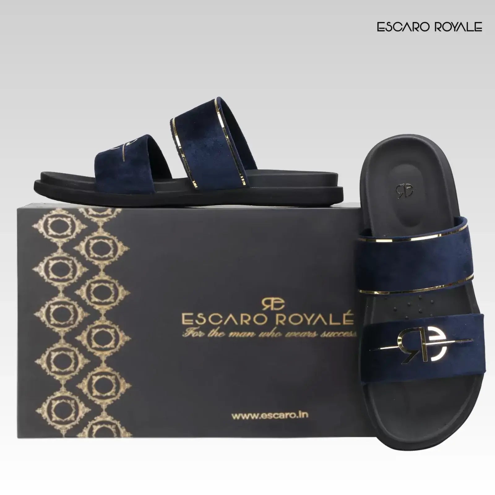 Napier Blue Velvet Sliders with Gold Trim