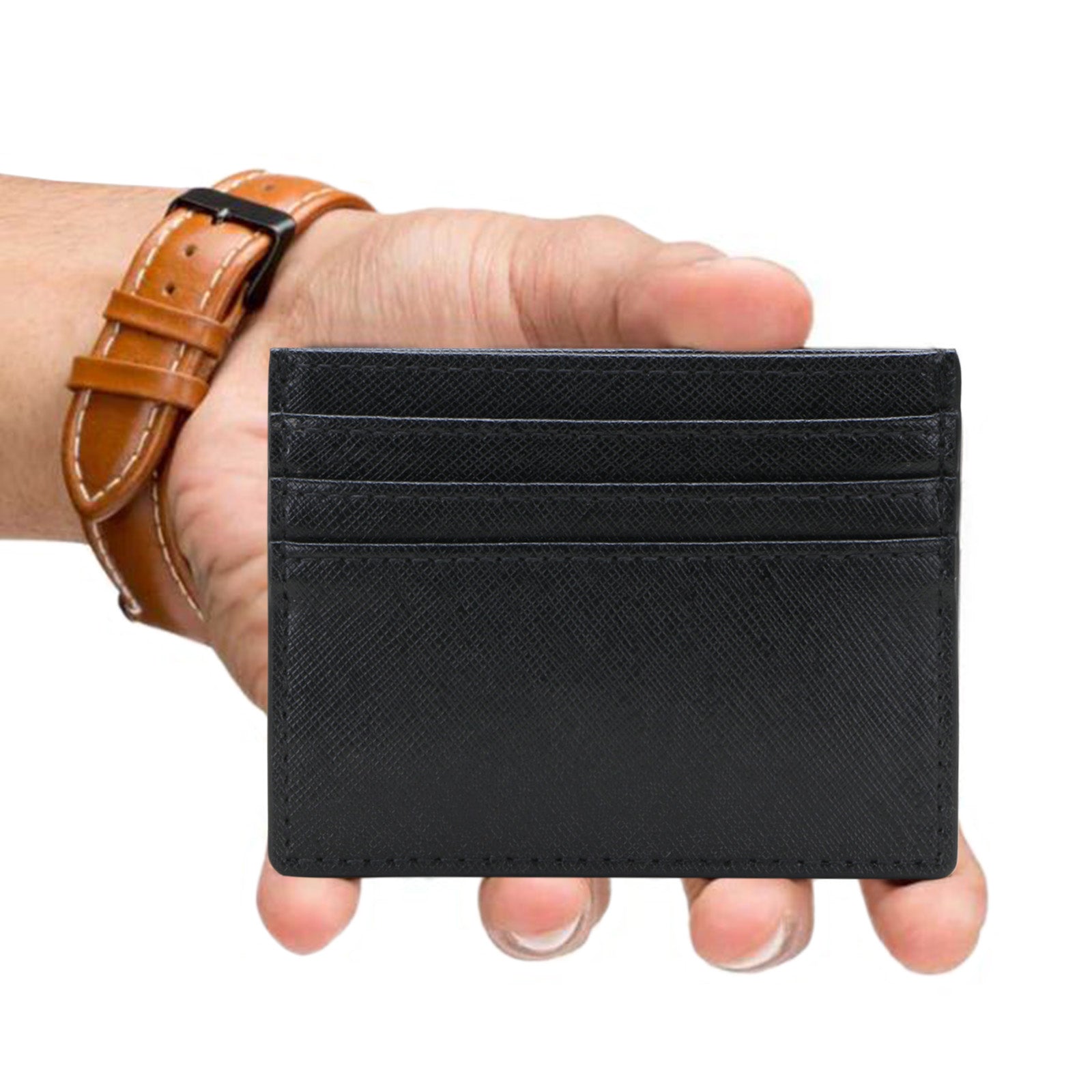 Black Leather Men Basket Weave Design Luxury Card Holder