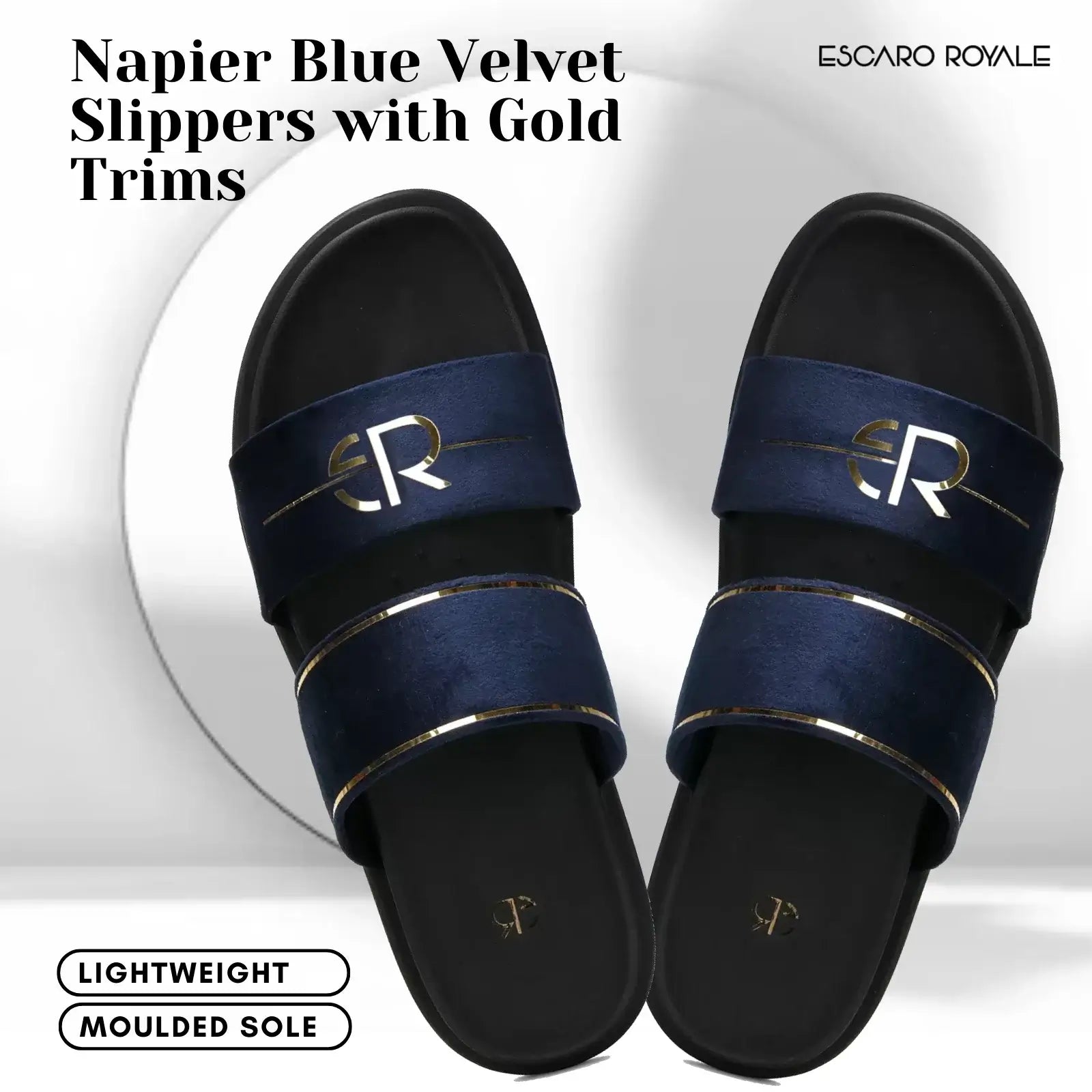 Napier Blue Velvet Sliders with Gold Trim