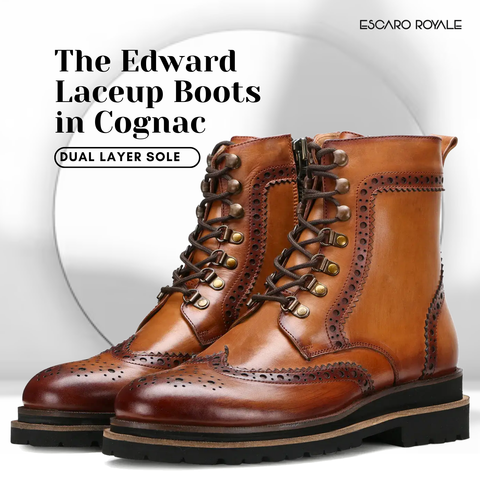 Edward Zipper+Laceup Brogue Boots in Cognac/ Tan