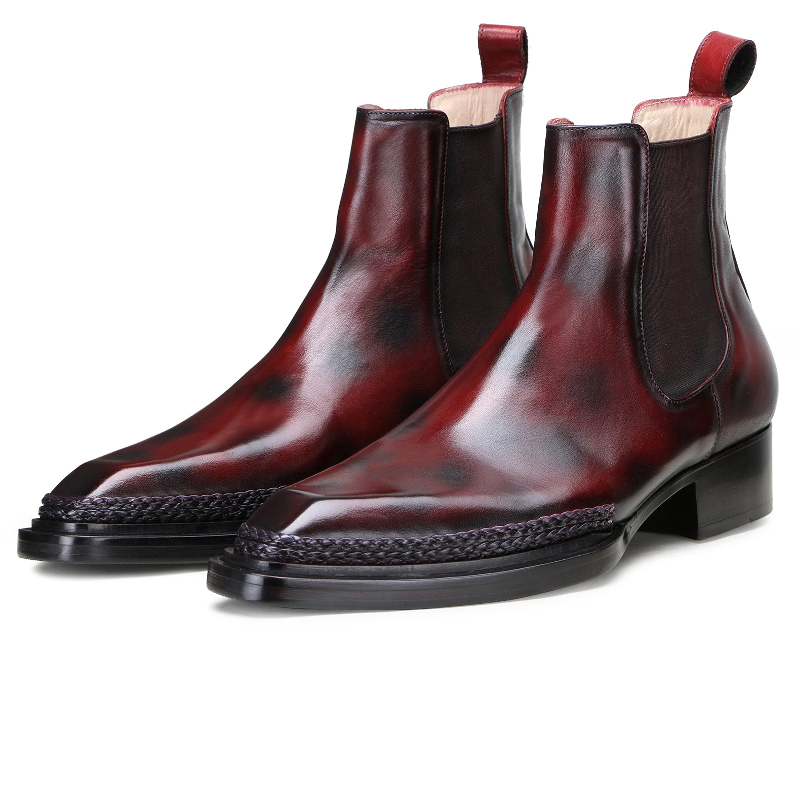 Ironvale Chelsea Boots with Taper Toe and Espadrille Jute Welt in Brown-Burgundy