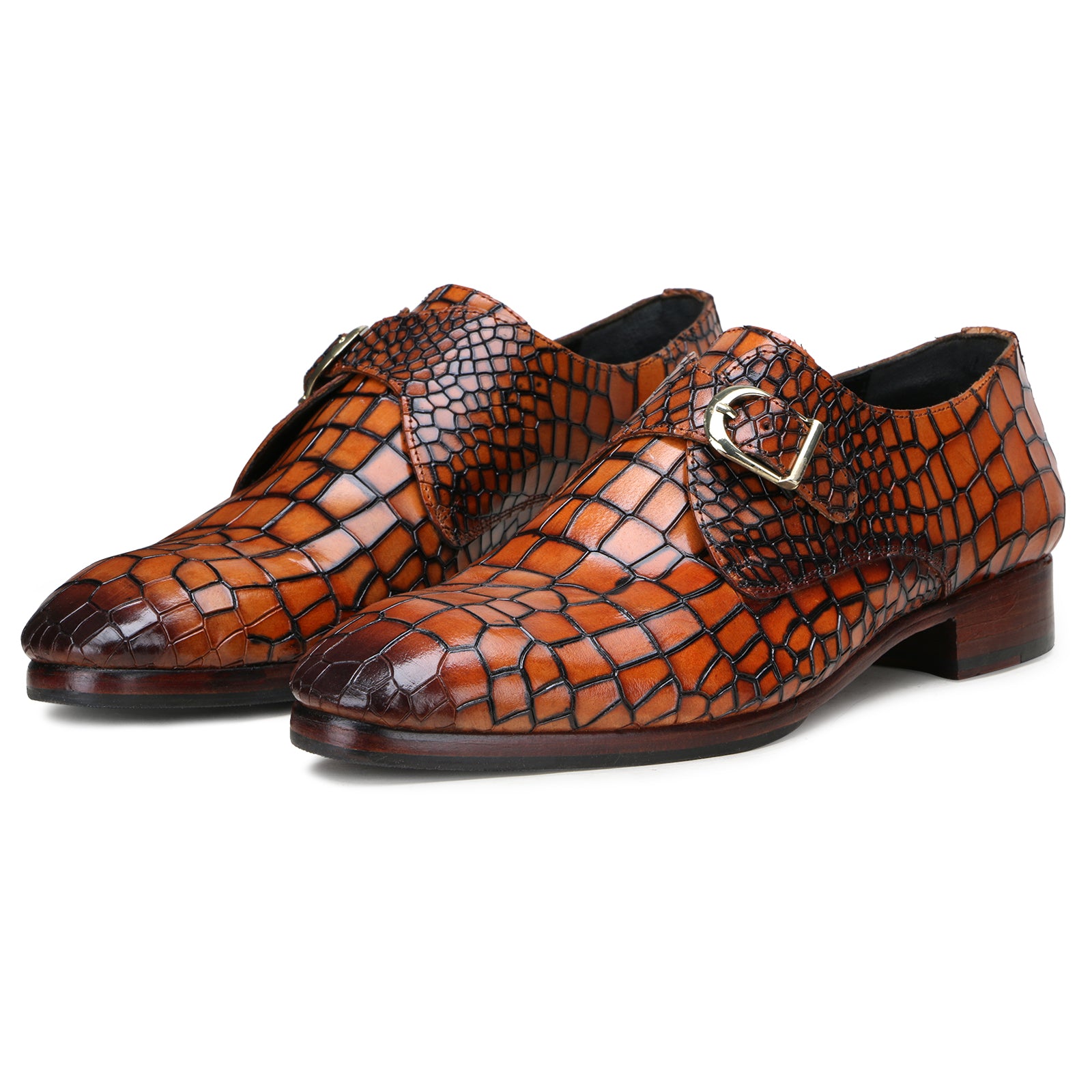 Valenor Deep-Croc Monkstrap Shoes in Tan