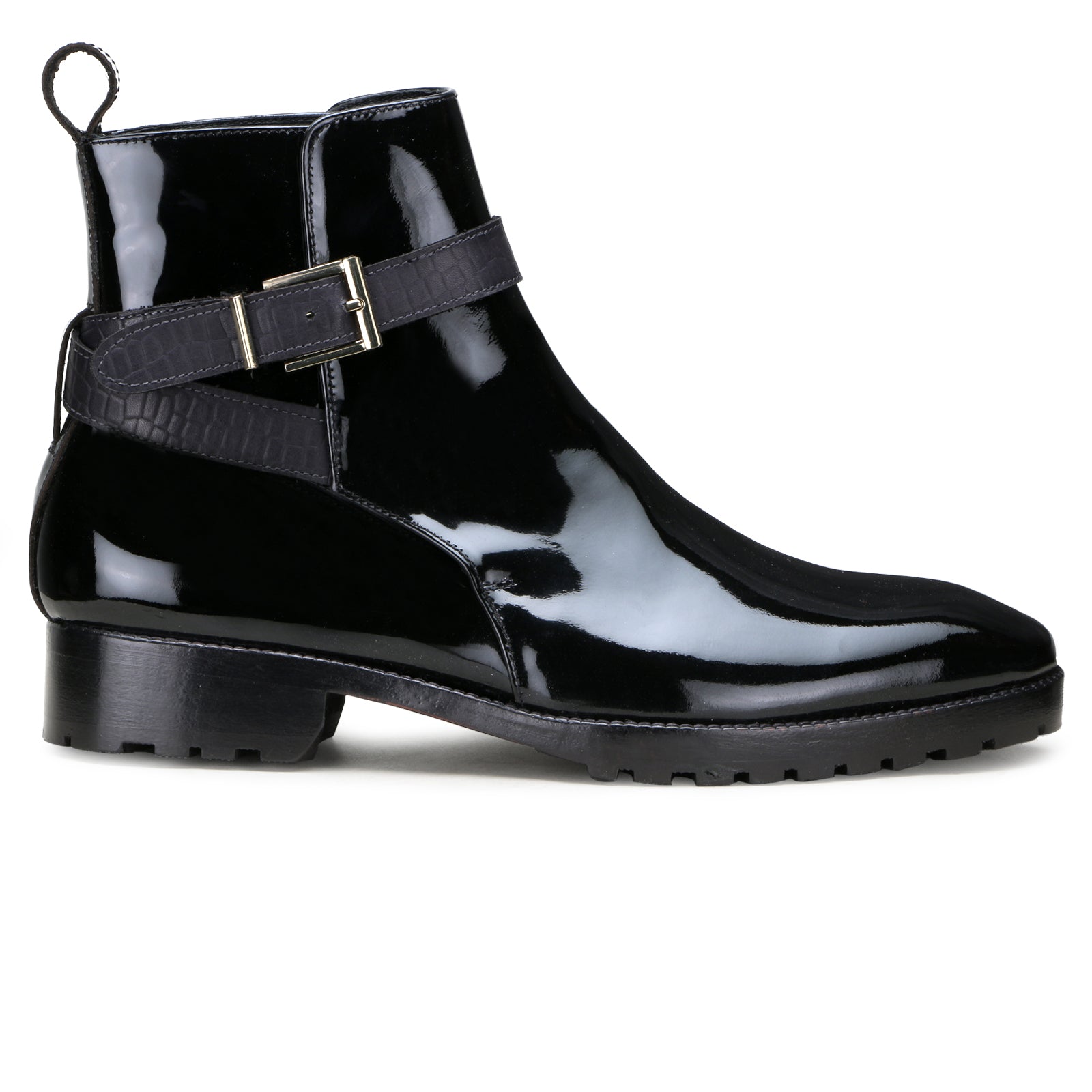 Regent Strapped Boots in Glossy Black (not patent leather)