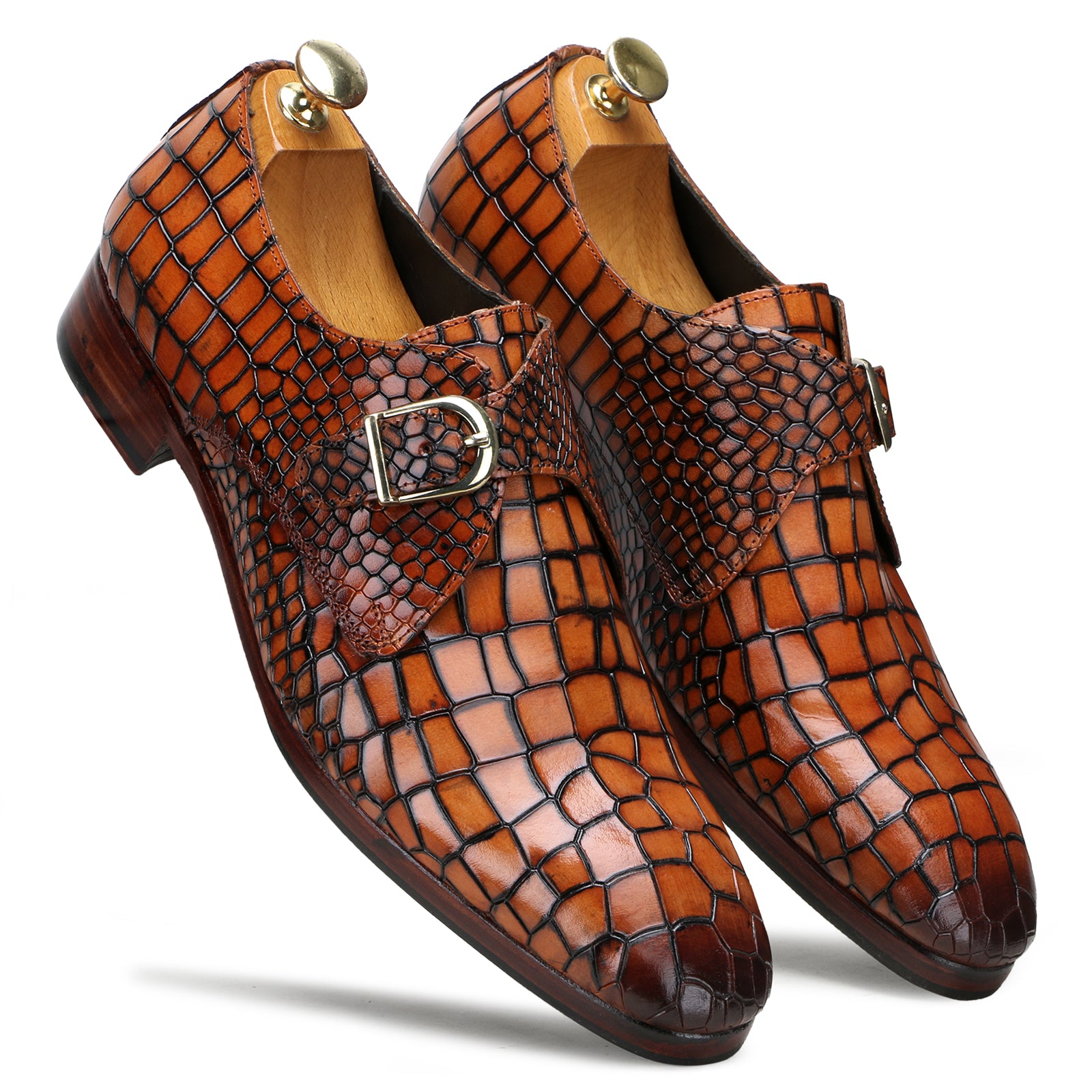 Valenor Deep-Croc Monkstrap Shoes in Tan