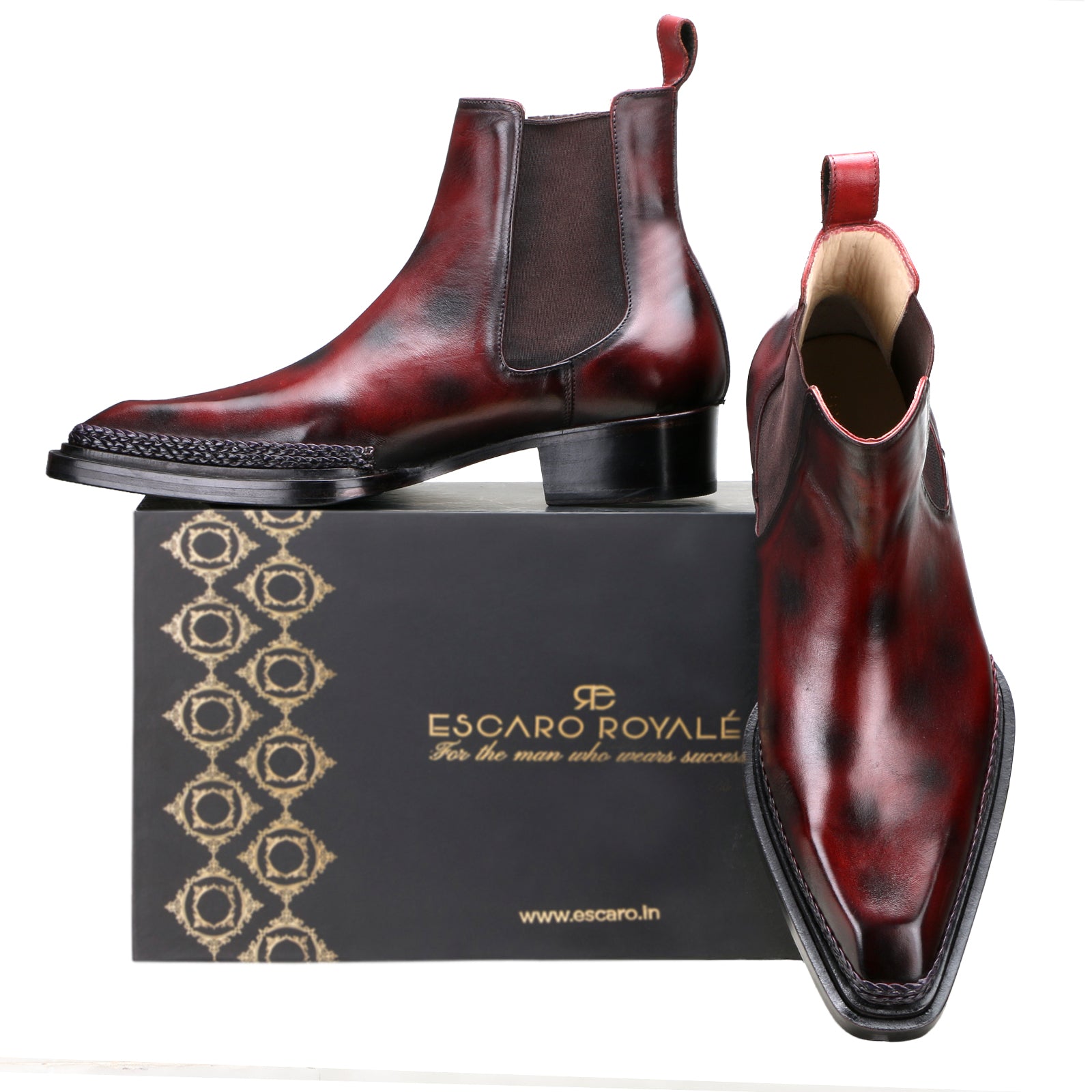 Ironvale Chelsea Boots with Taper Toe and Espadrille Jute Welt in Brown-Burgundy