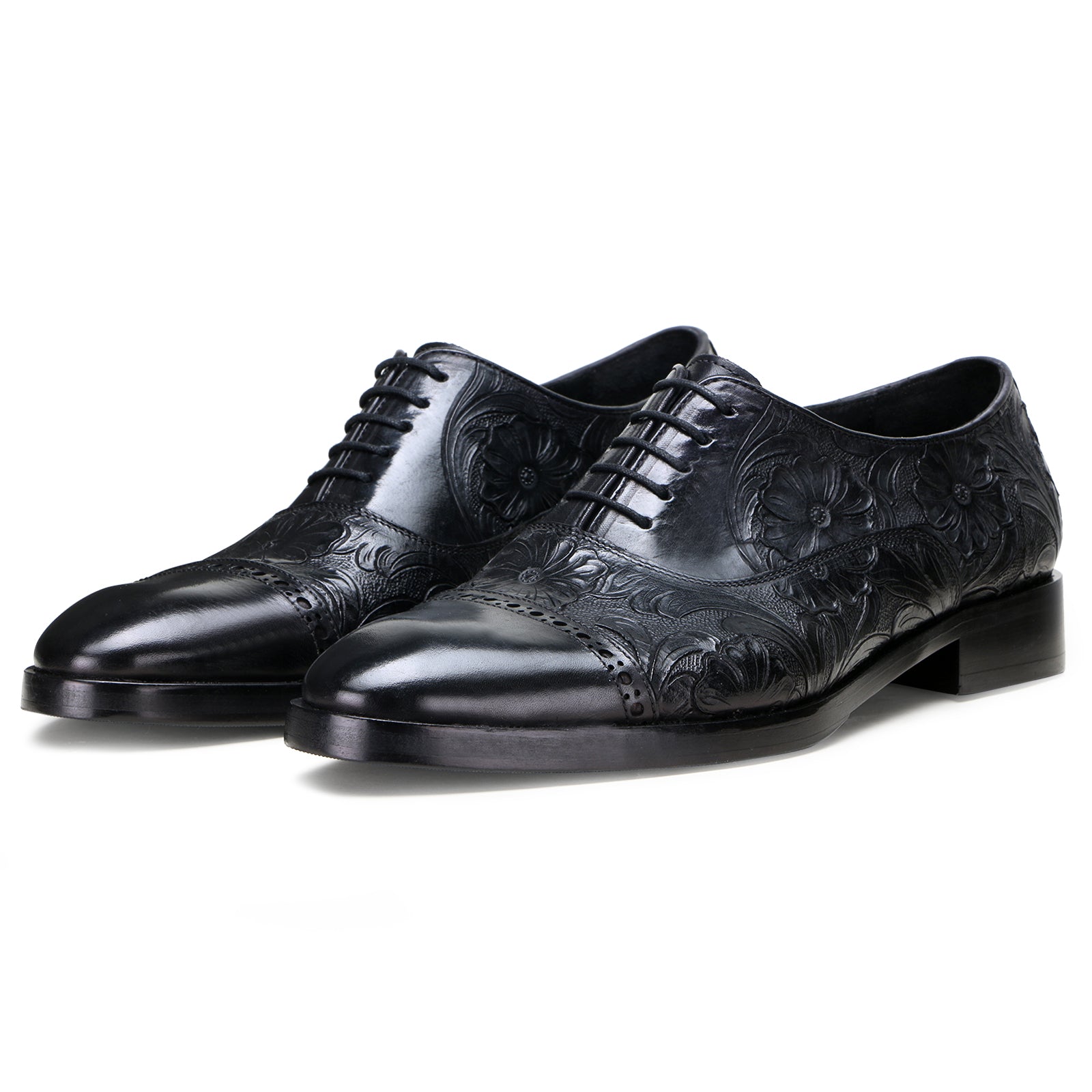 Handtooled florentine cap-toe oxford in black