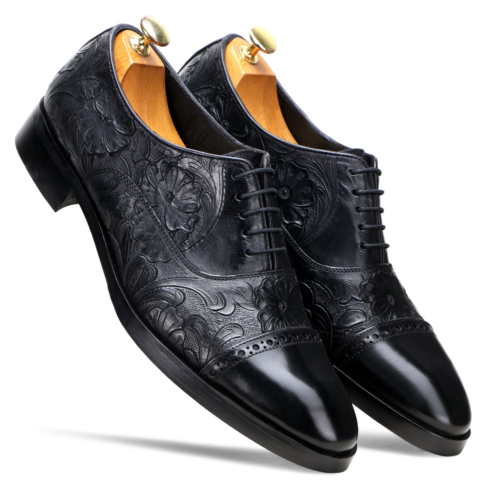 Handtooled florentine cap-toe oxford in black