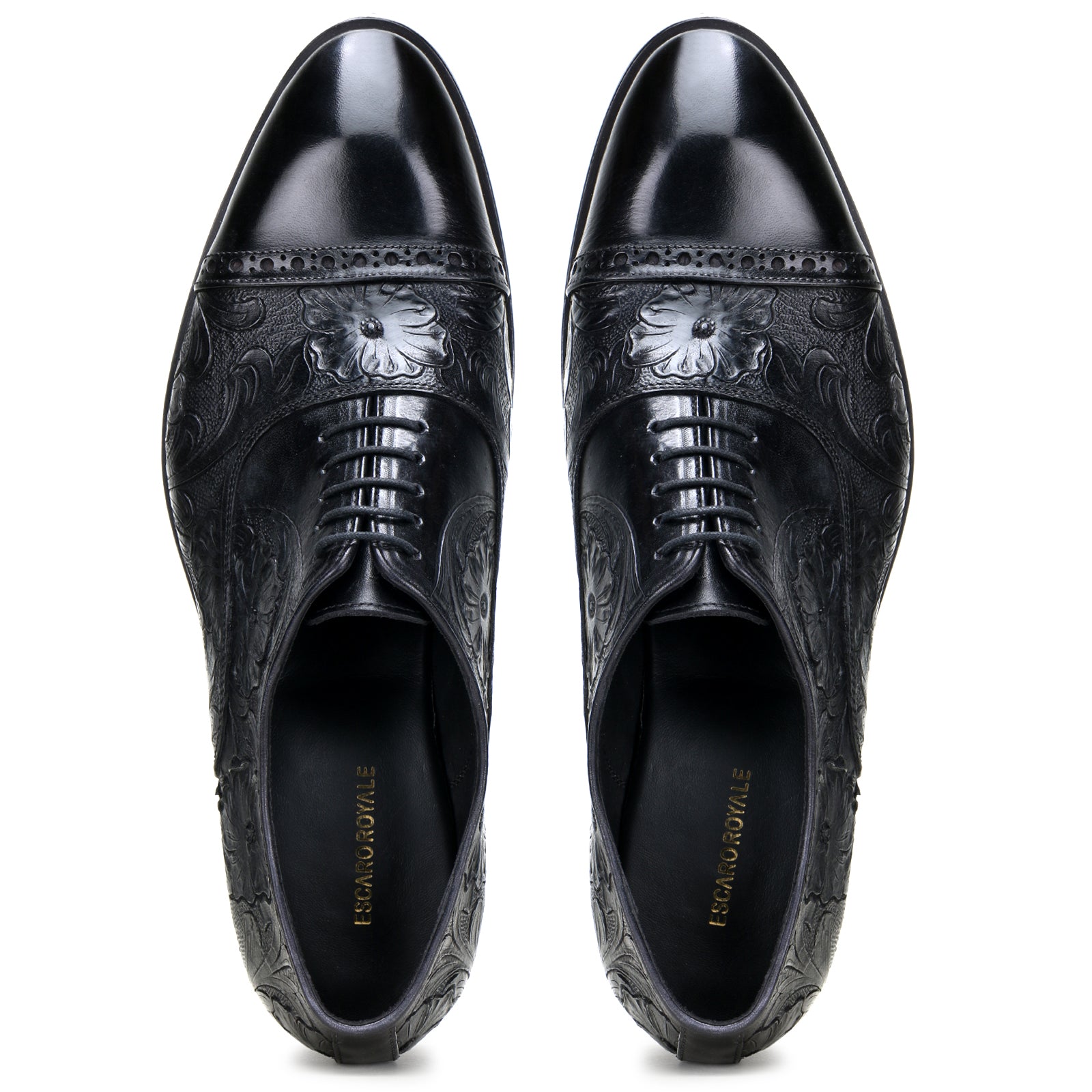 Handtooled florentine cap-toe oxford in black