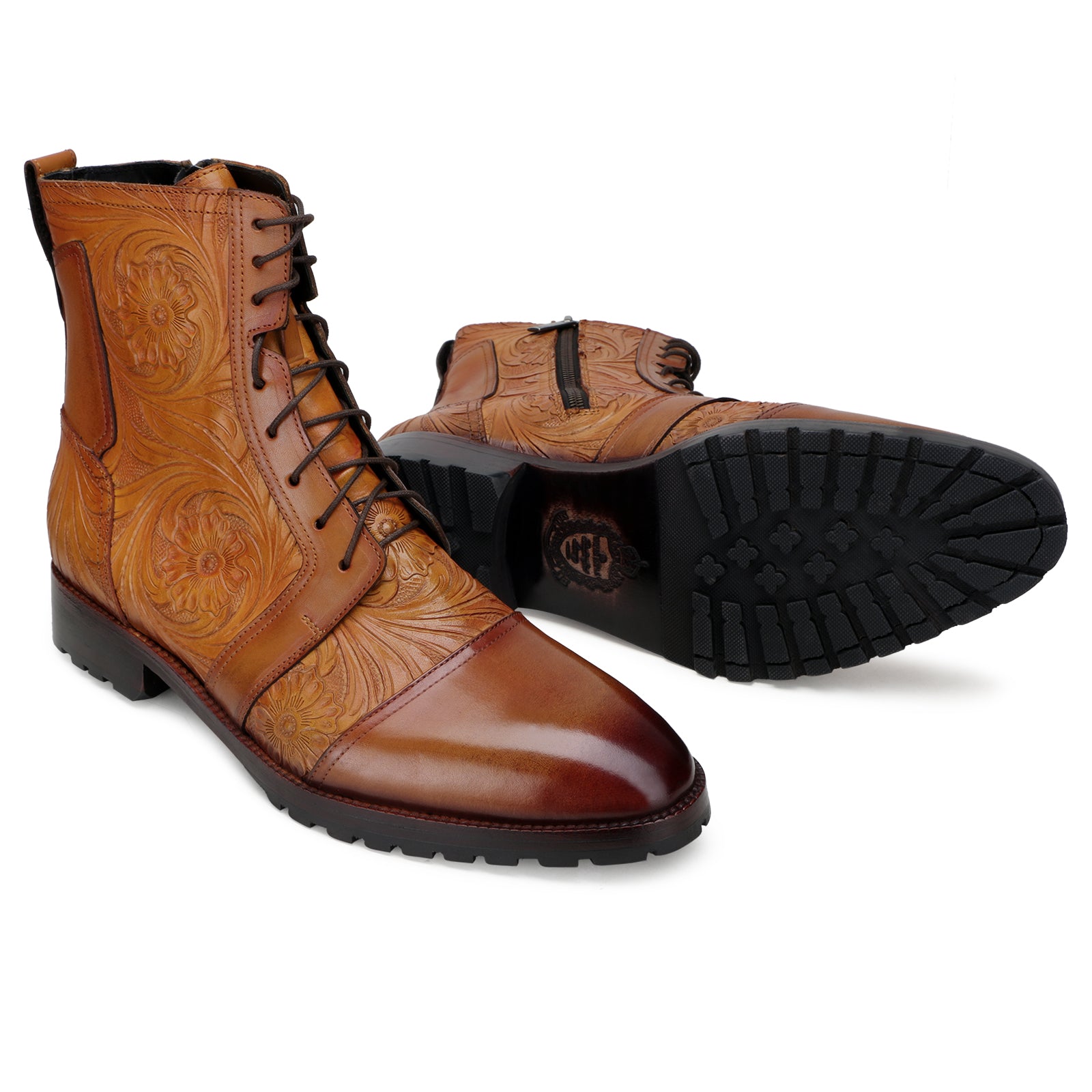 Handtooled florentine dress boot in tan