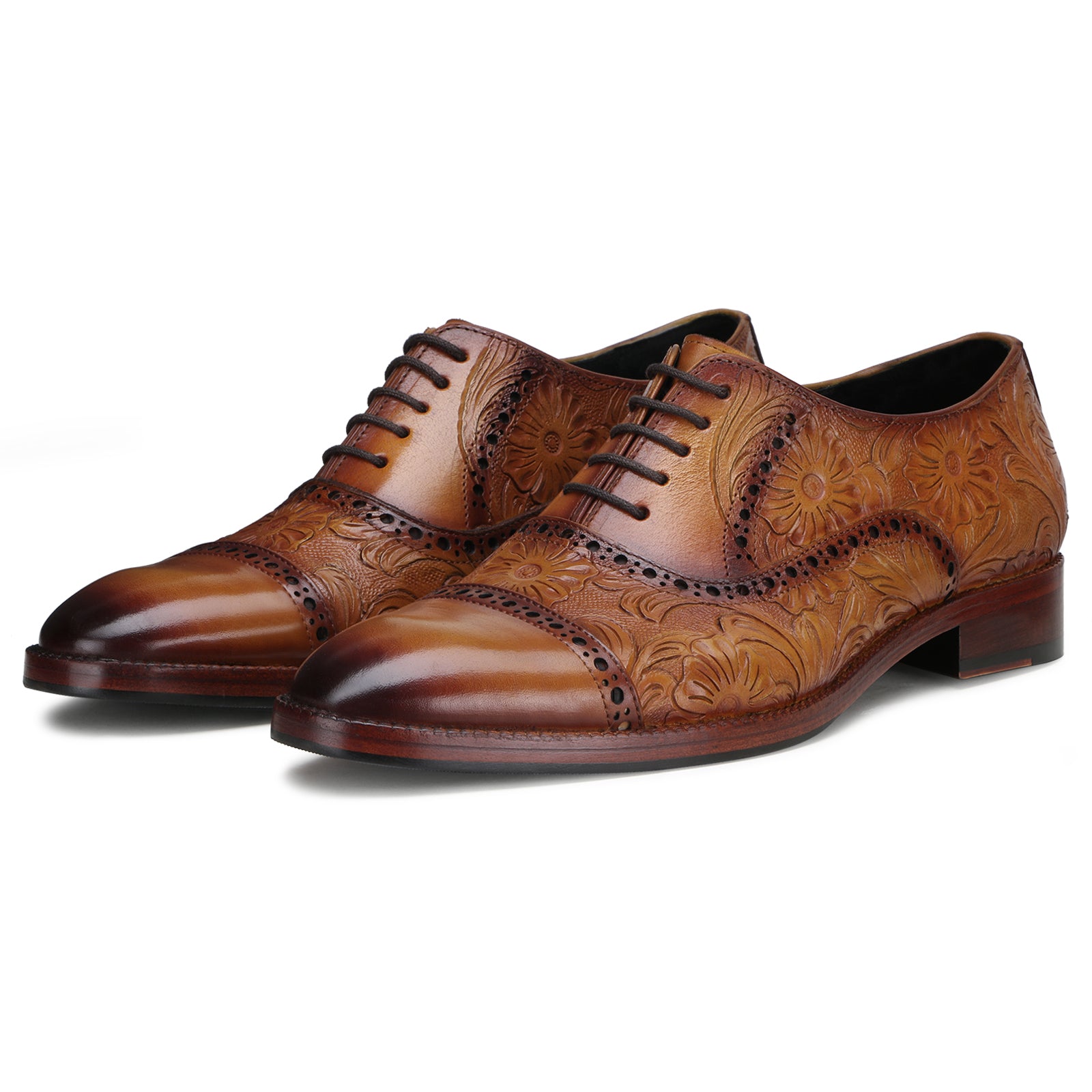 Handtooled florentine cap-toe oxford in cognac
