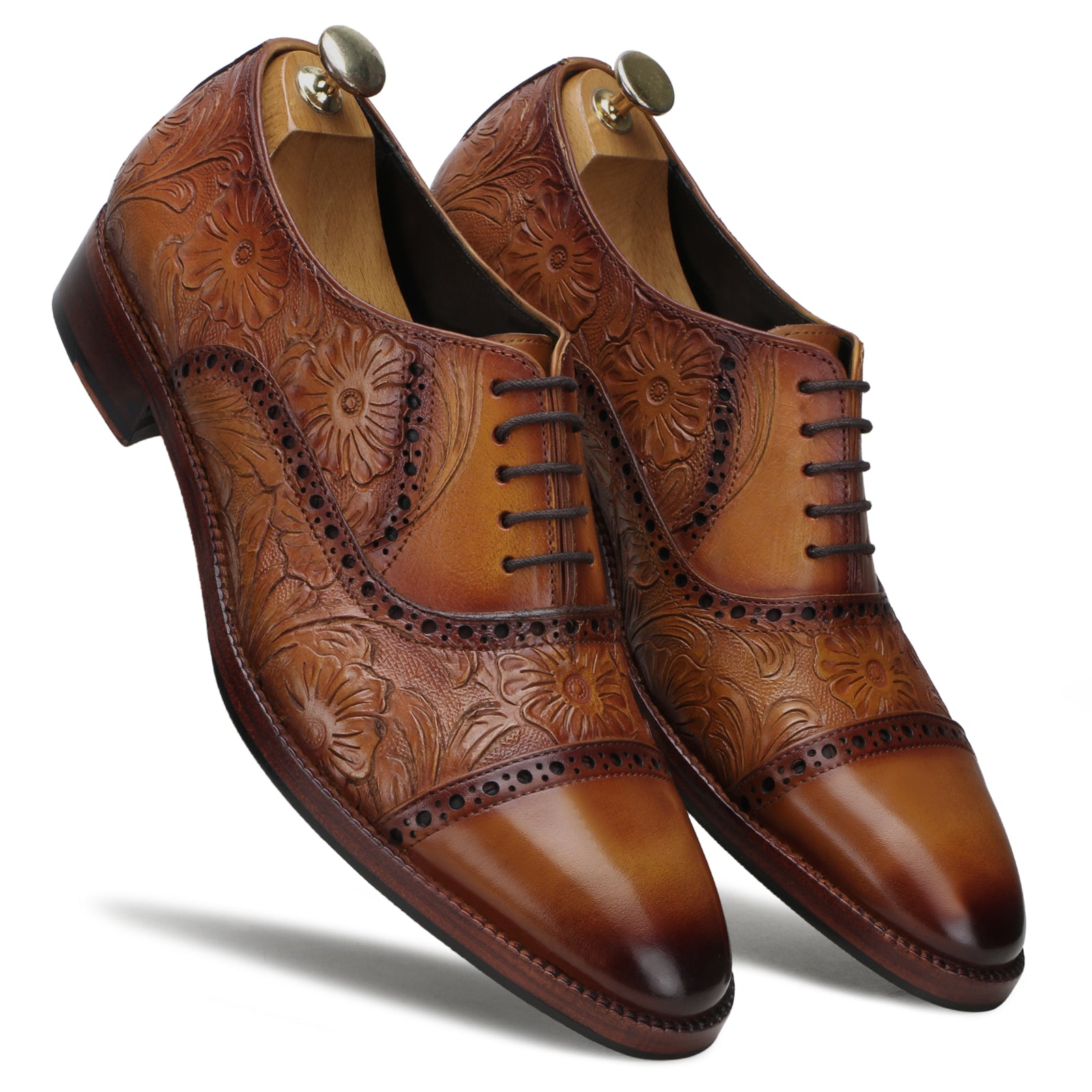 Handtooled florentine cap-toe oxford in cognac