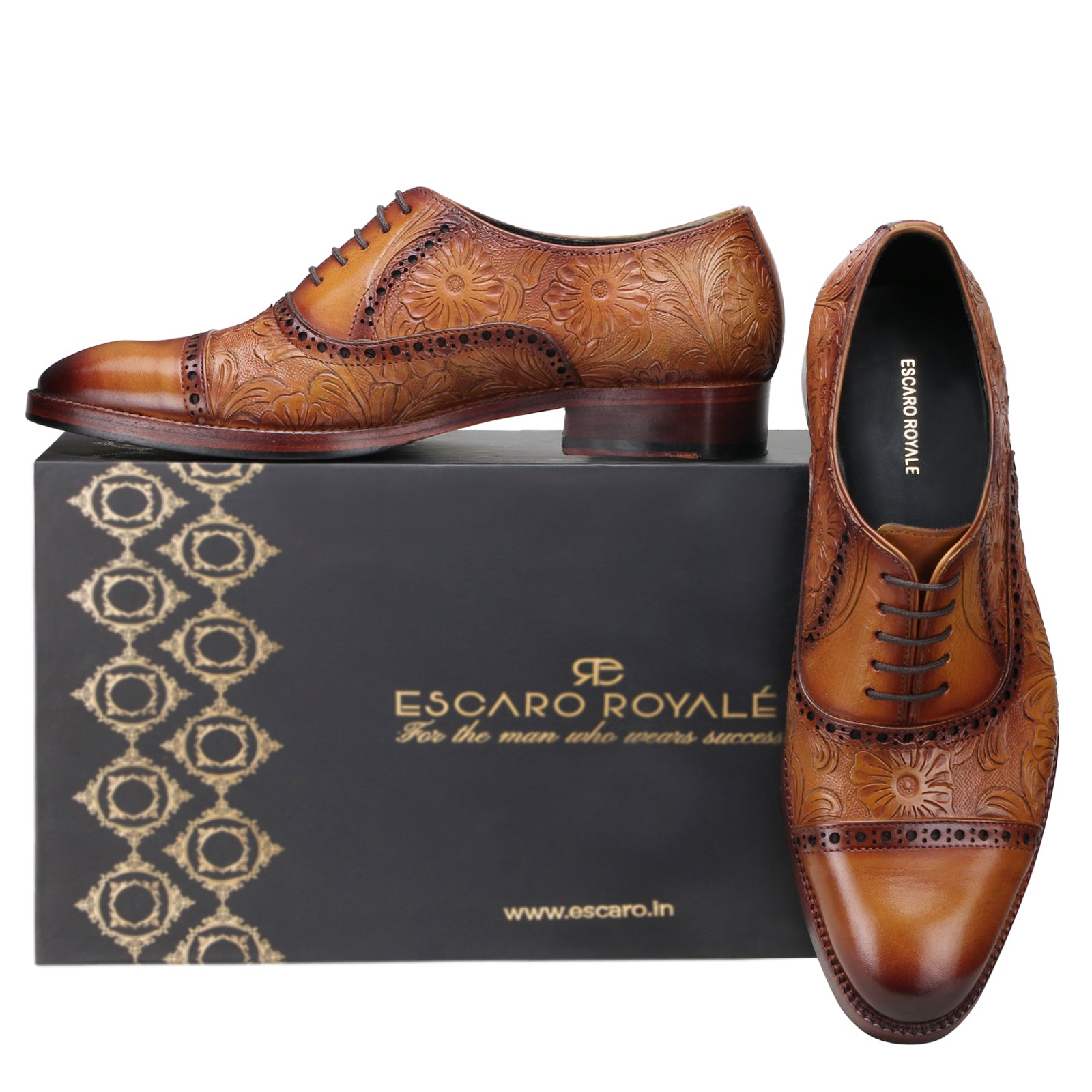 Handtooled florentine cap-toe oxford in cognac