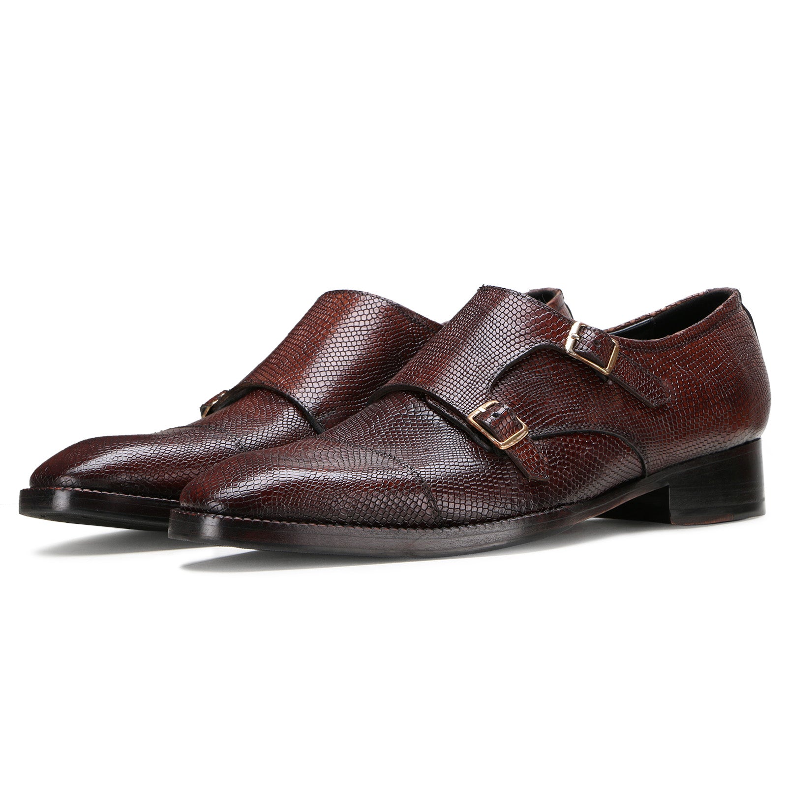 Neyson Fish-Embossed Double Monks in Brick-Brown