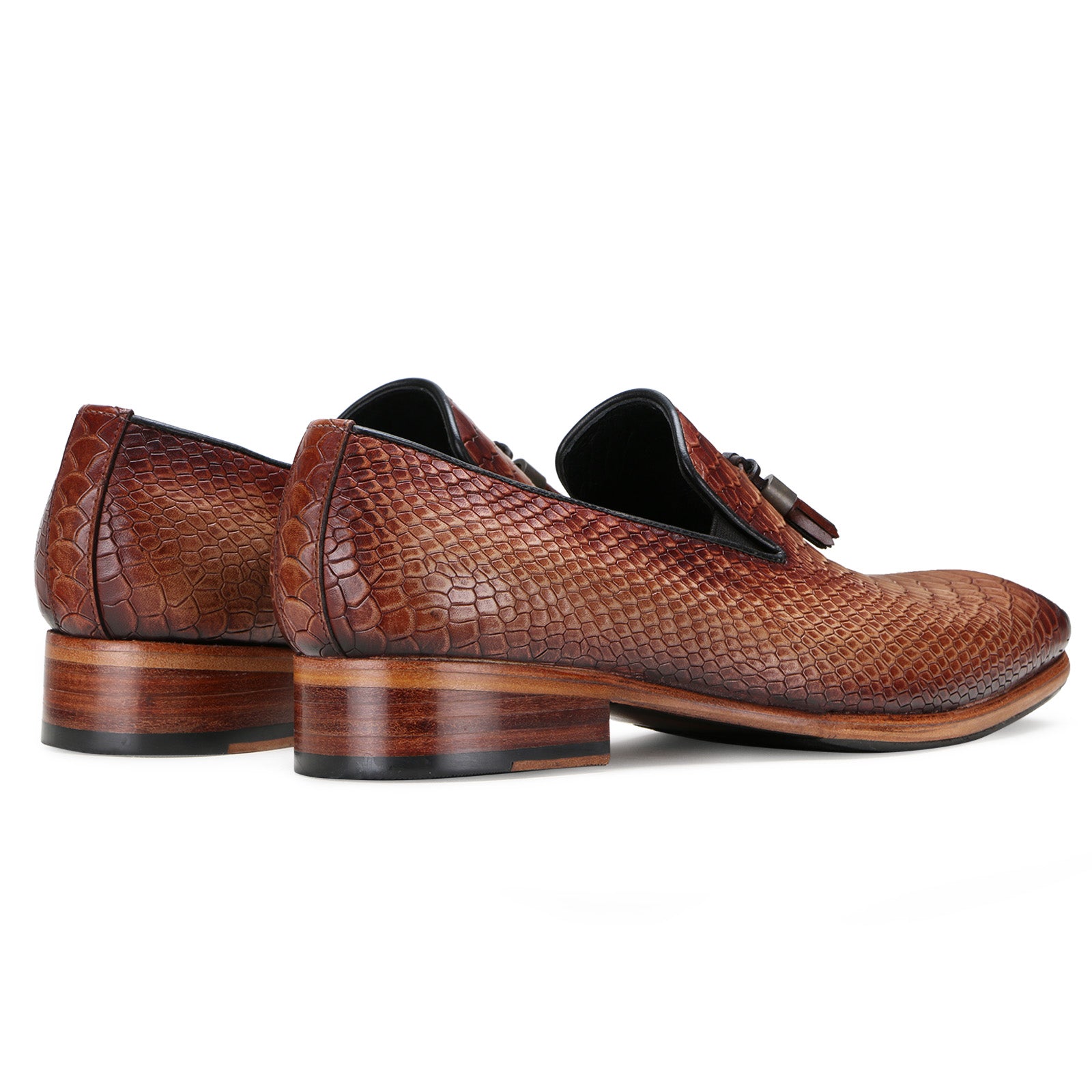 Amos Python-Embossed Tassel Loafers in Tan