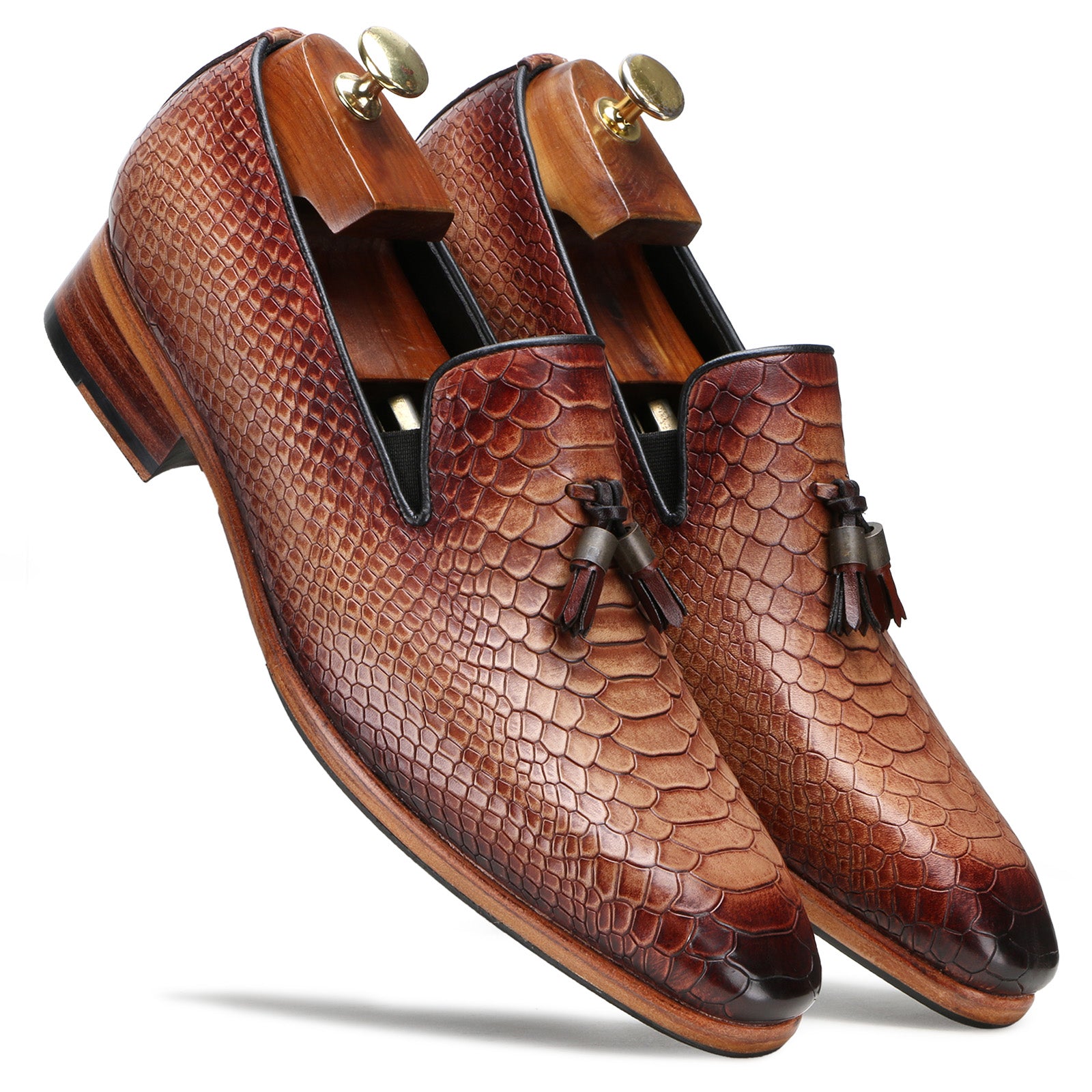 Amos Python-Embossed Tassel Loafers in Tan