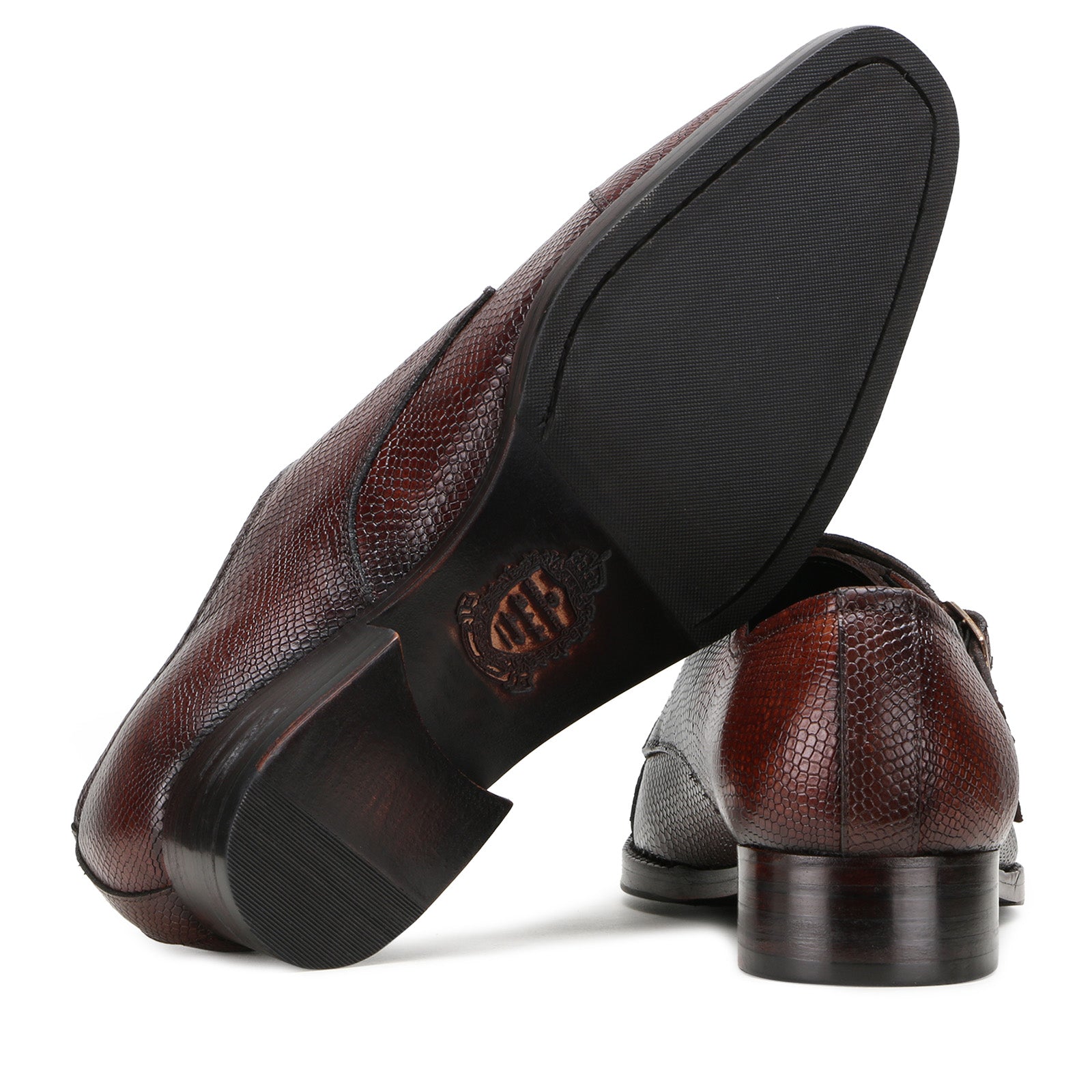Neyson Fish-Embossed Double Monks in Brick-Brown