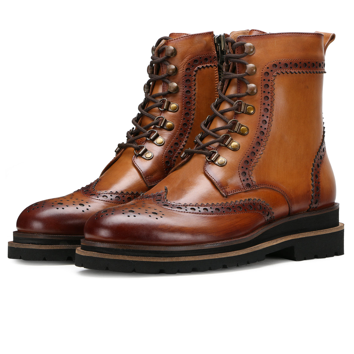 Edward Zipper+Laceup Brogue Boots in Cognac Tan - men's leather shoes, view 3