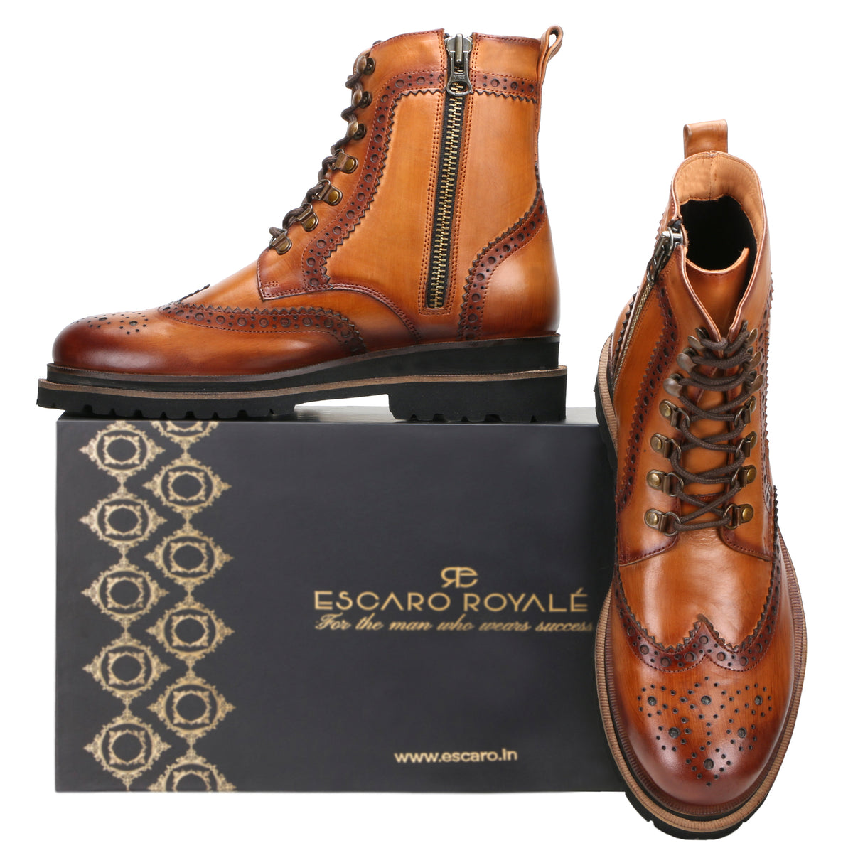 Edward Zipper+Laceup Brogue Boots in Cognac Tan - men's leather shoes, view 7