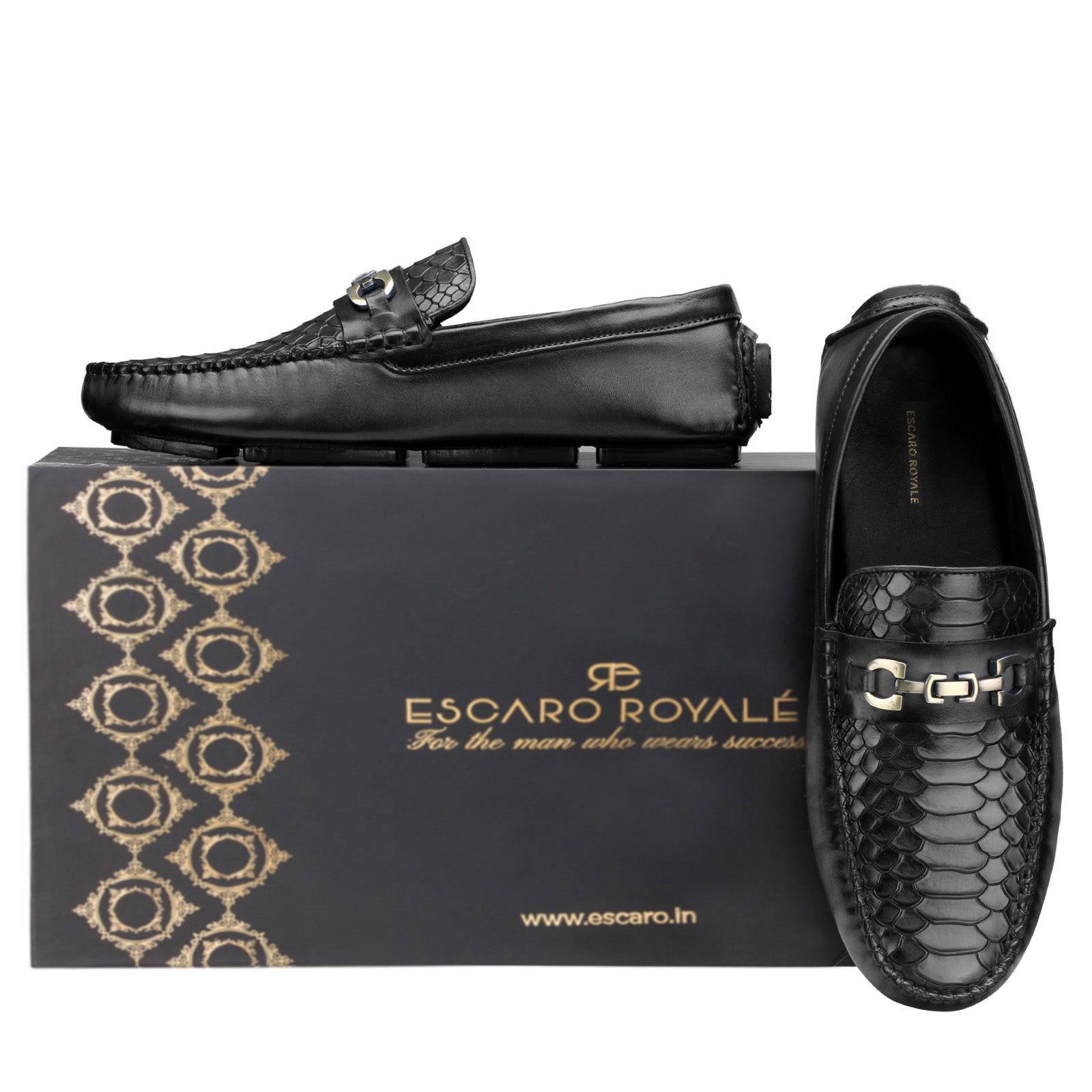 Piton Python-embossed Driving Loafer Shoes in Black
