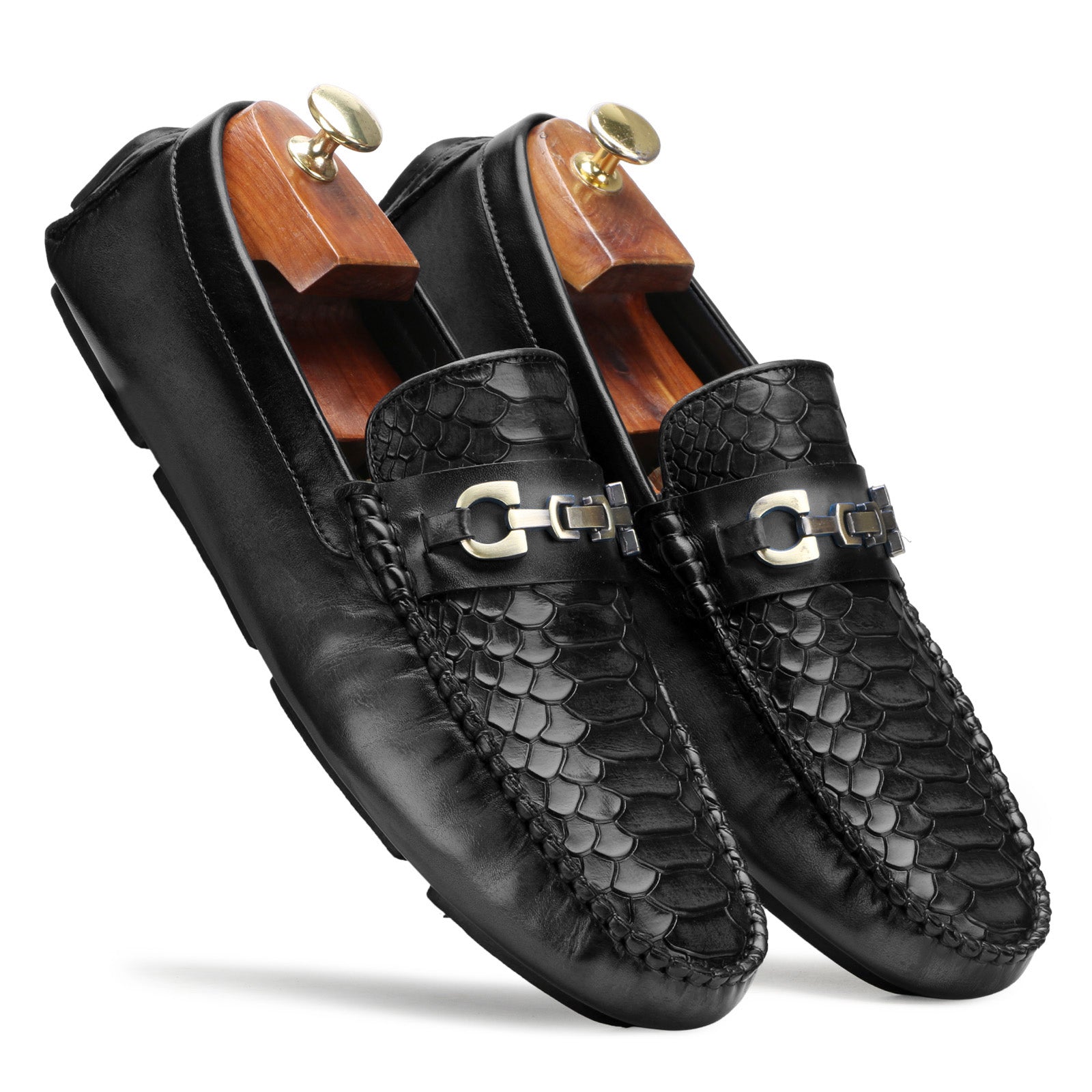 Piton Python-embossed Driving Loafer Shoes in Black - Main Image