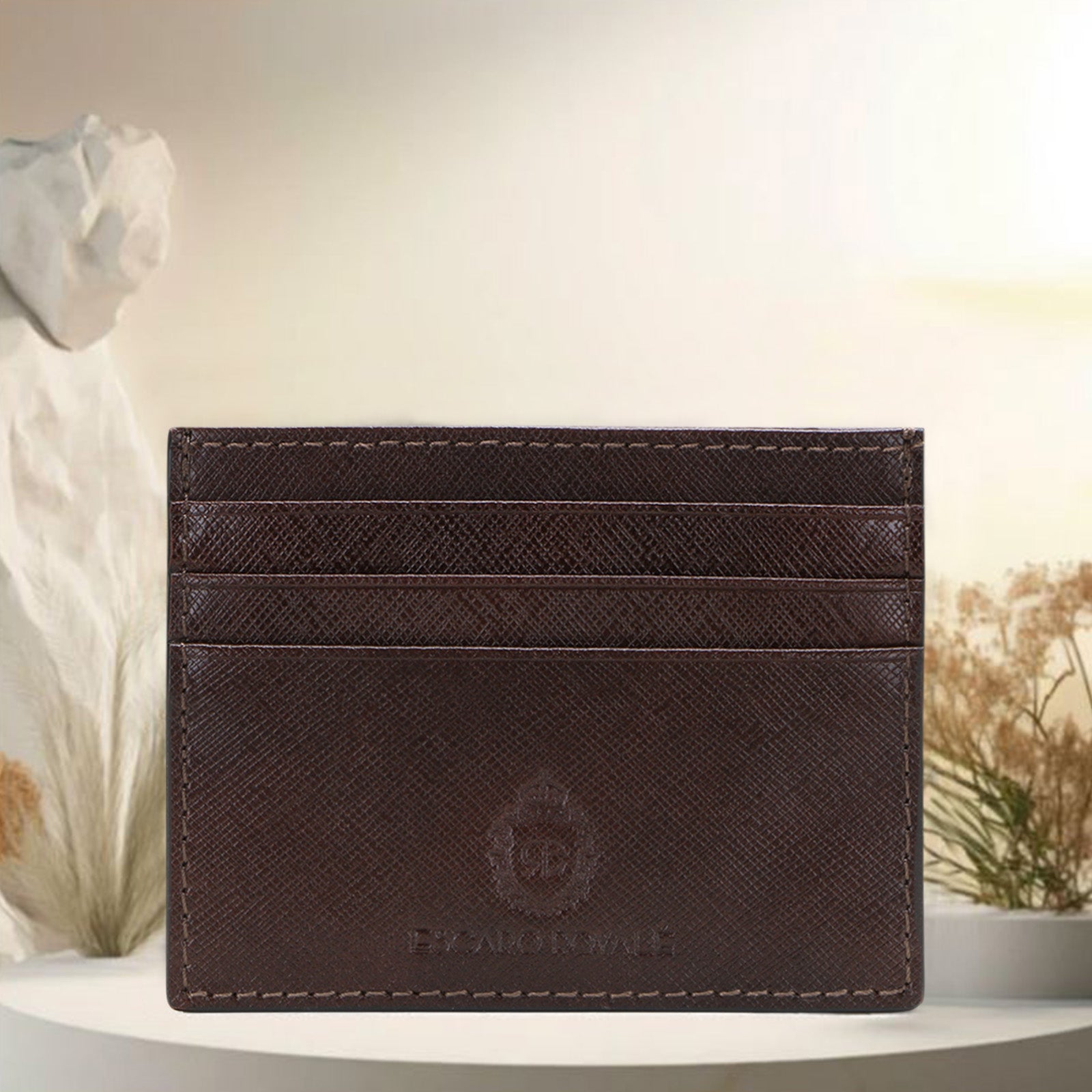 Brown Leather Men Basket Weave Design Luxury Card Holder