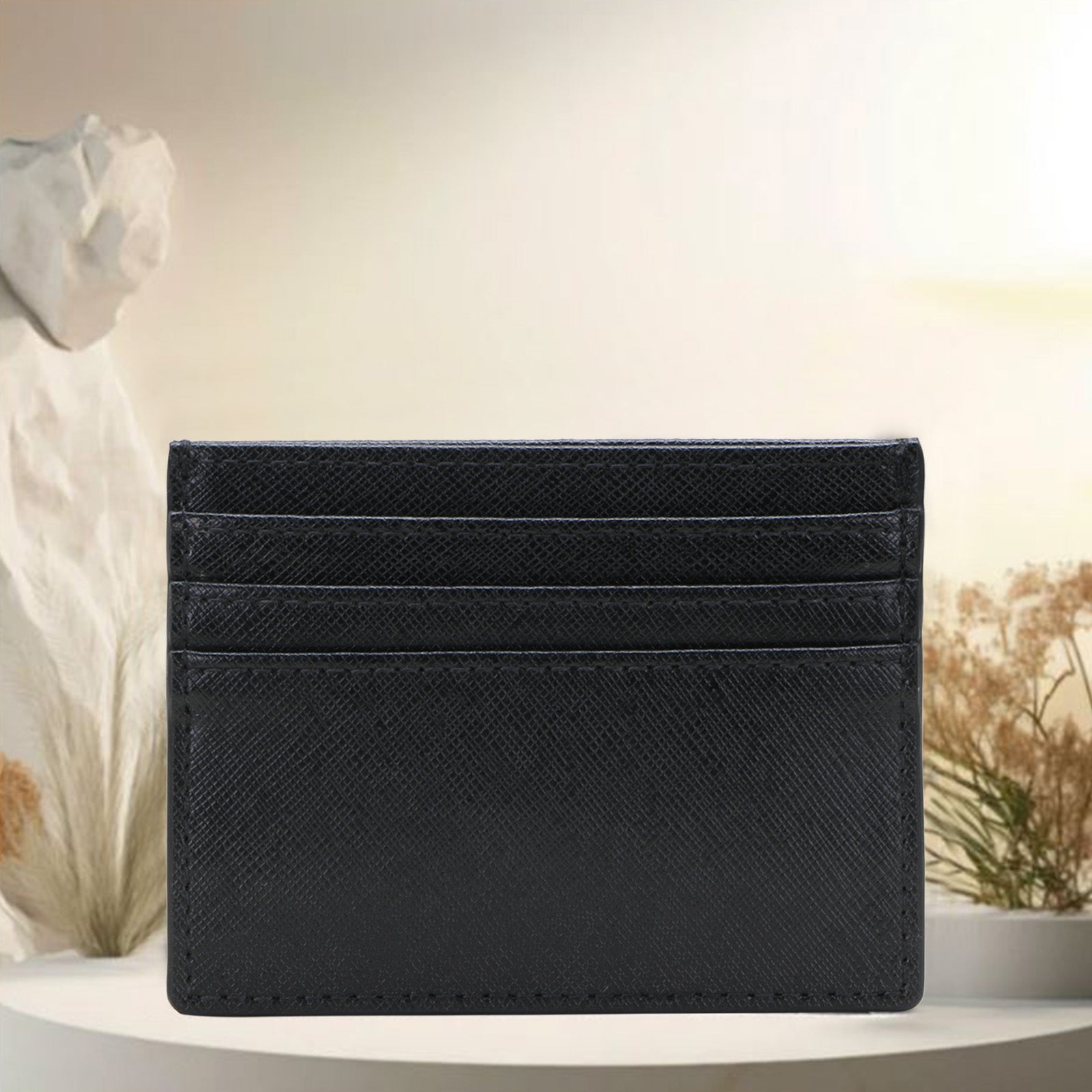 Black Leather Men Basket Weave Design Luxury Card Holder