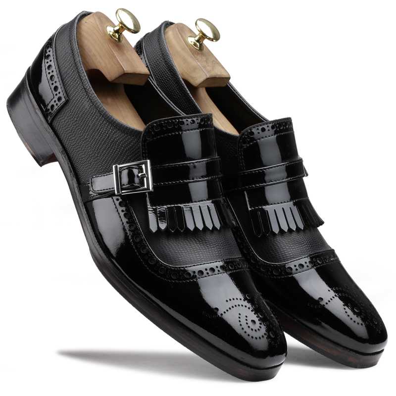 The Marco Dual Textured Kiltie Monkstrap in Black - men's shoes, view 1