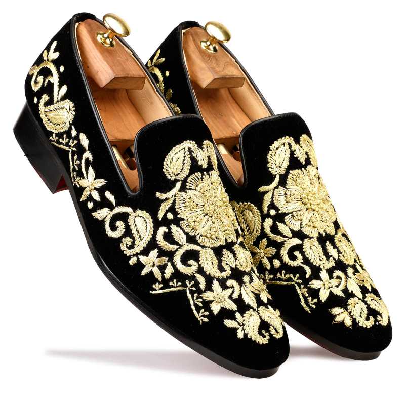 Embroidered Wedding Shoes Black and Gold / clearance