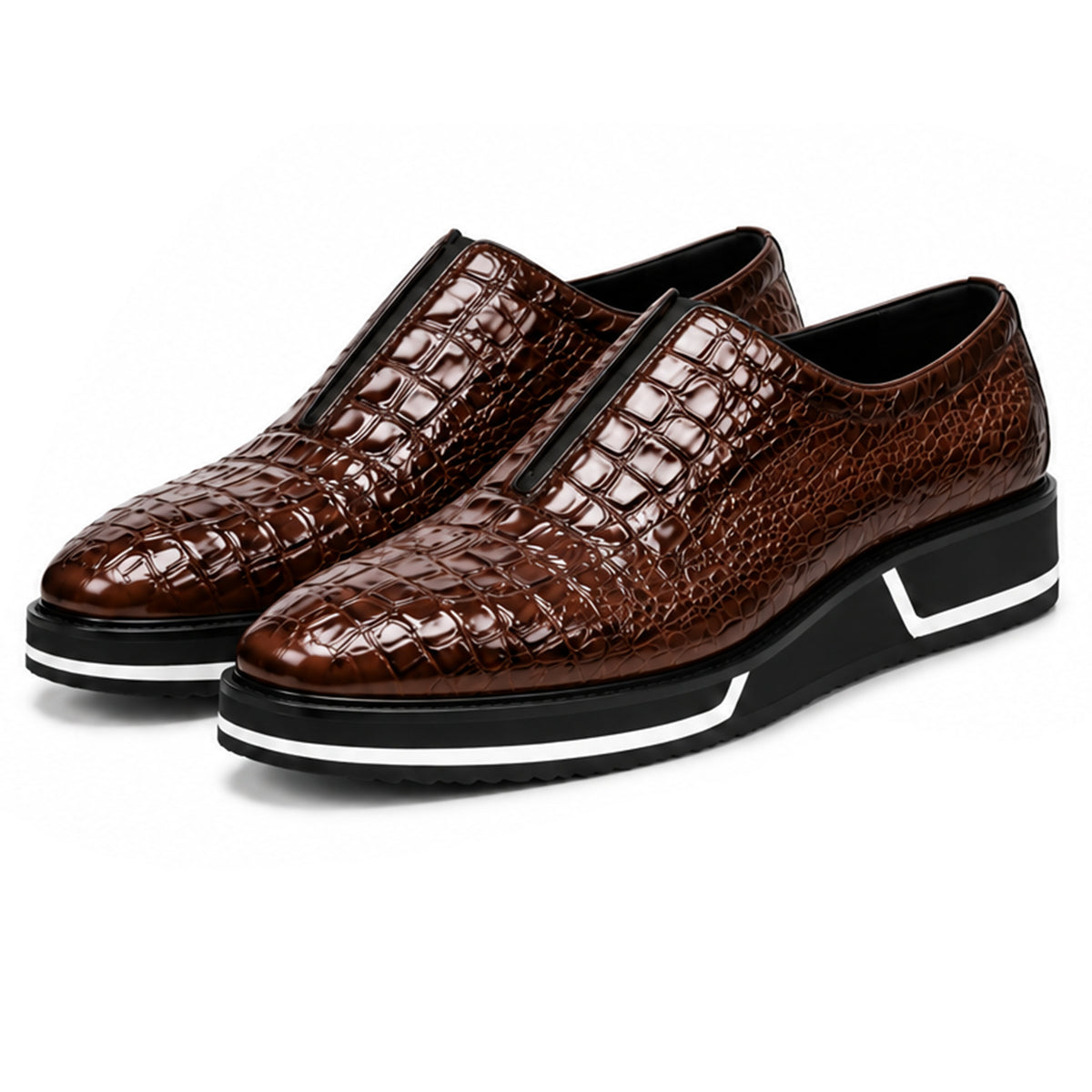 Sovrano Laceless Loafers Croc Pattern in Dark Brown - men's shoes, view 2