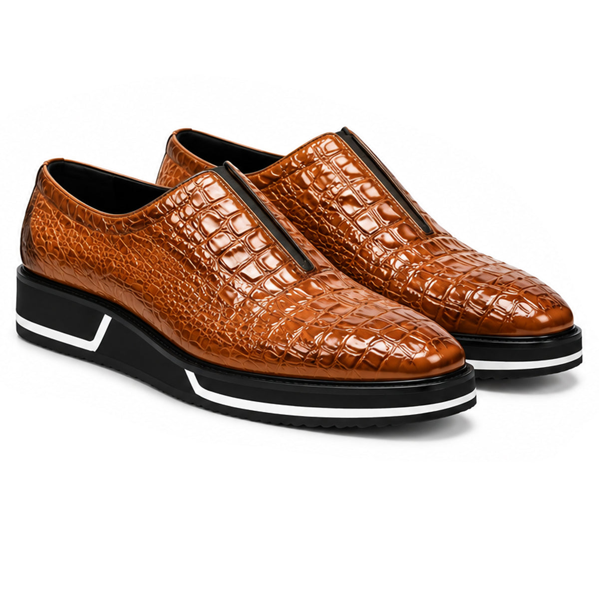 Sovrano Laceless Loafers Croc Pattern in Cognac - men's shoes, view 1