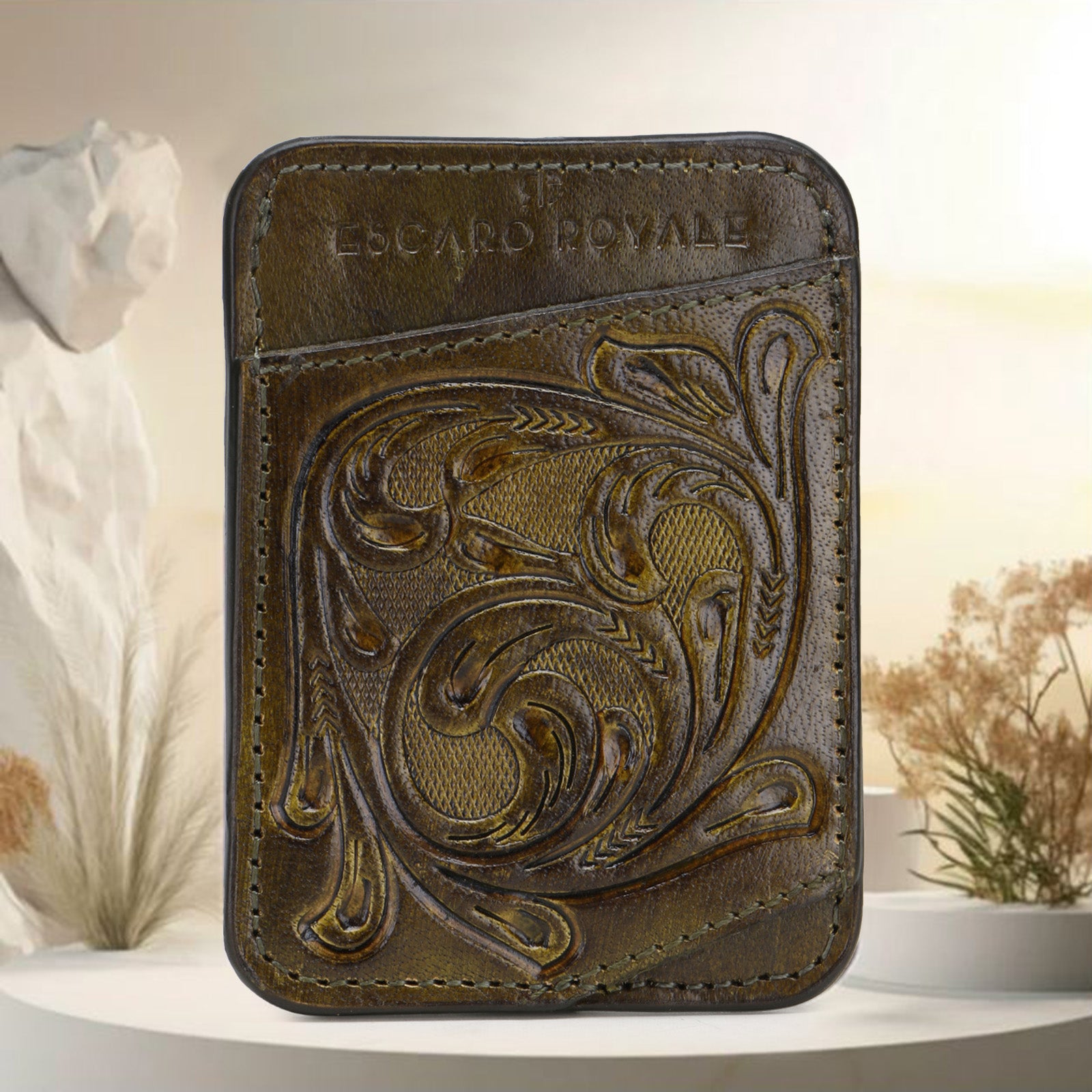 The ATHENS Hand-Tooled Leather Cash Card Holder in Blue