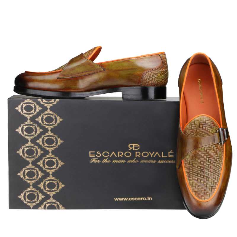 Raven Weave Buckled Loafers in Tan