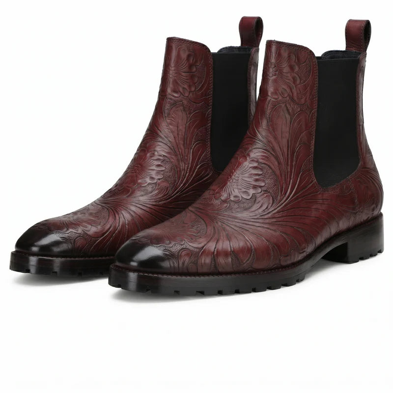 Florentine Handtooled Chelsea Boot in Burgundy