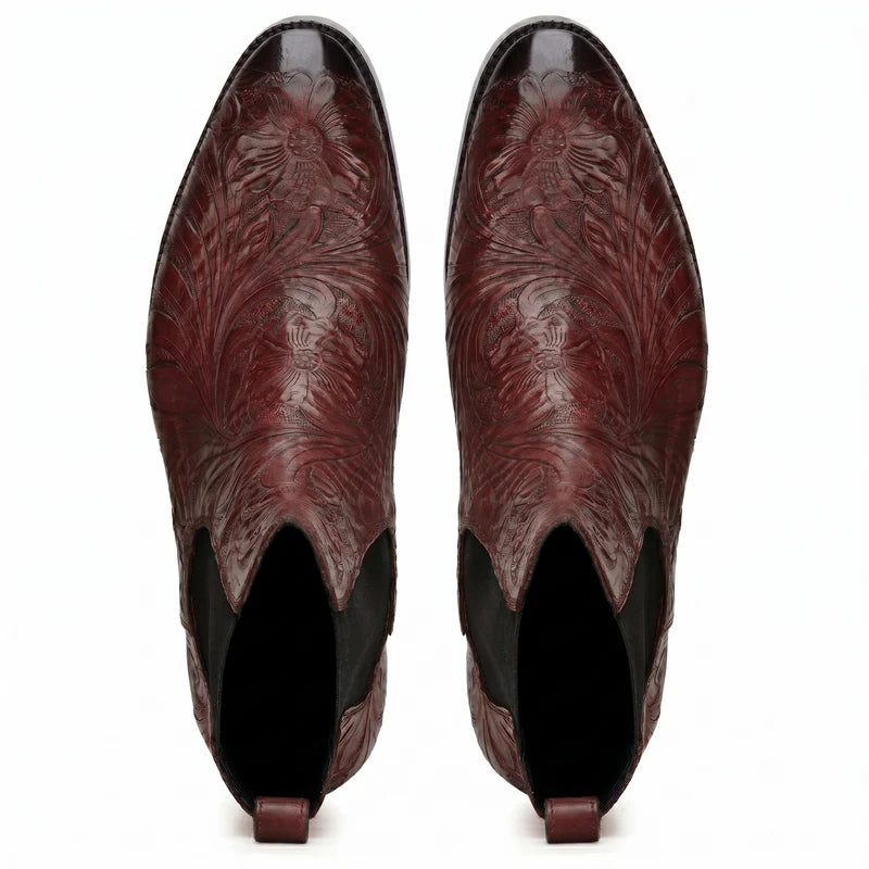 Florentine Handtooled Chelsea Boot in Burgundy