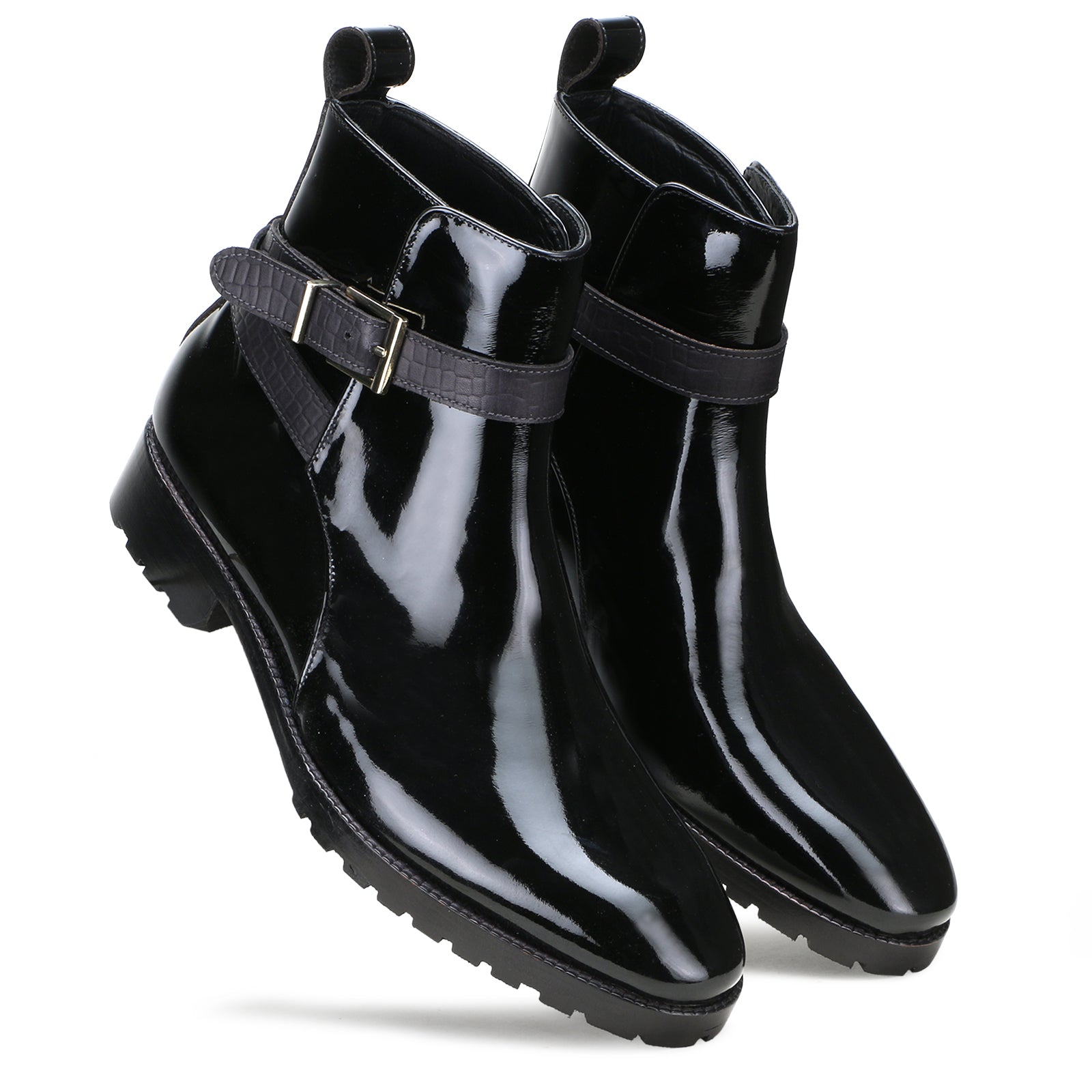 Regent Strapped Boots in Glossy Black (not patent leather)