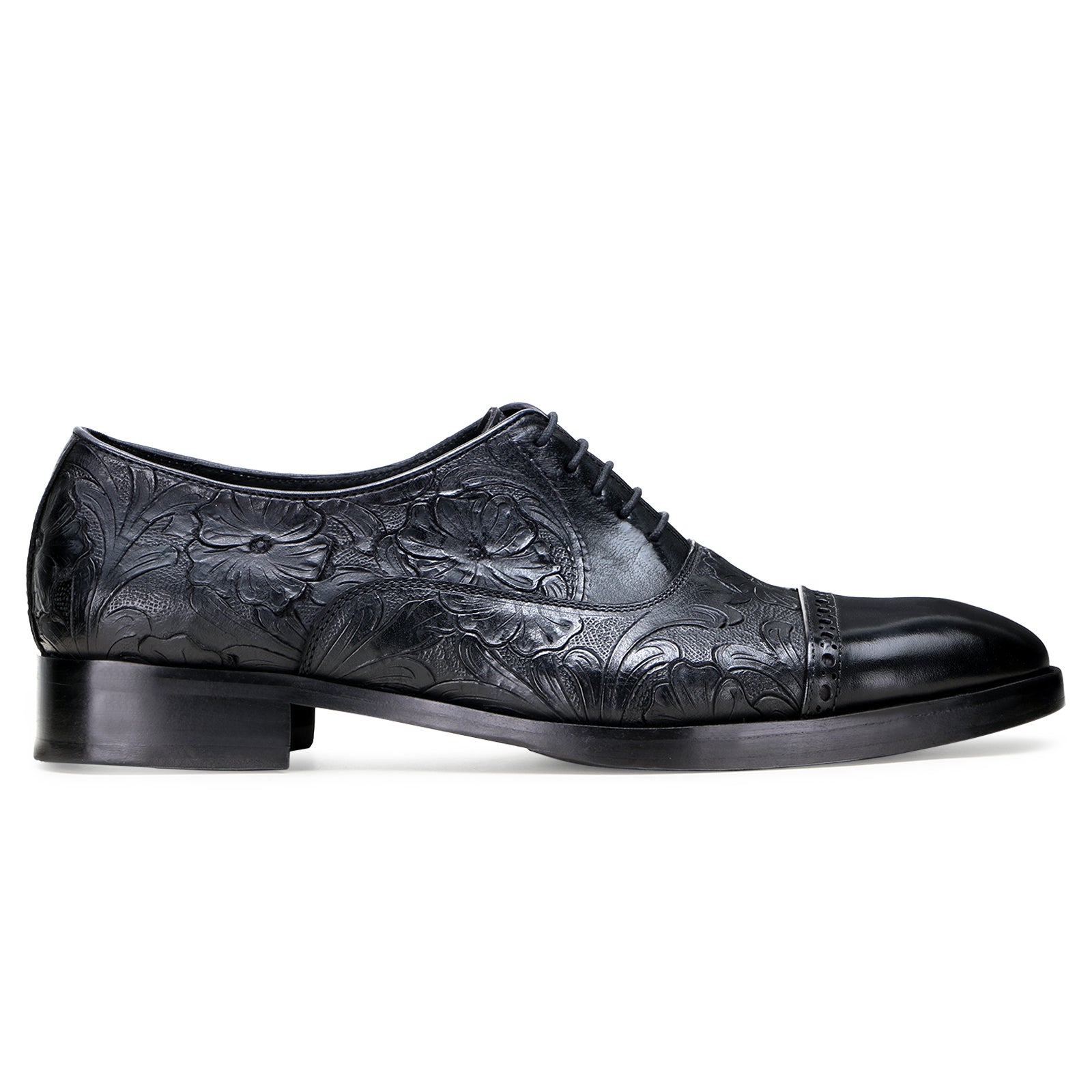 Handtooled florentine cap-toe oxford in black
