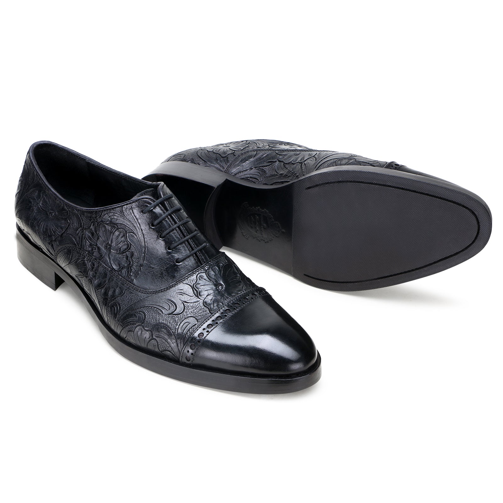 Handtooled florentine cap-toe oxford in black