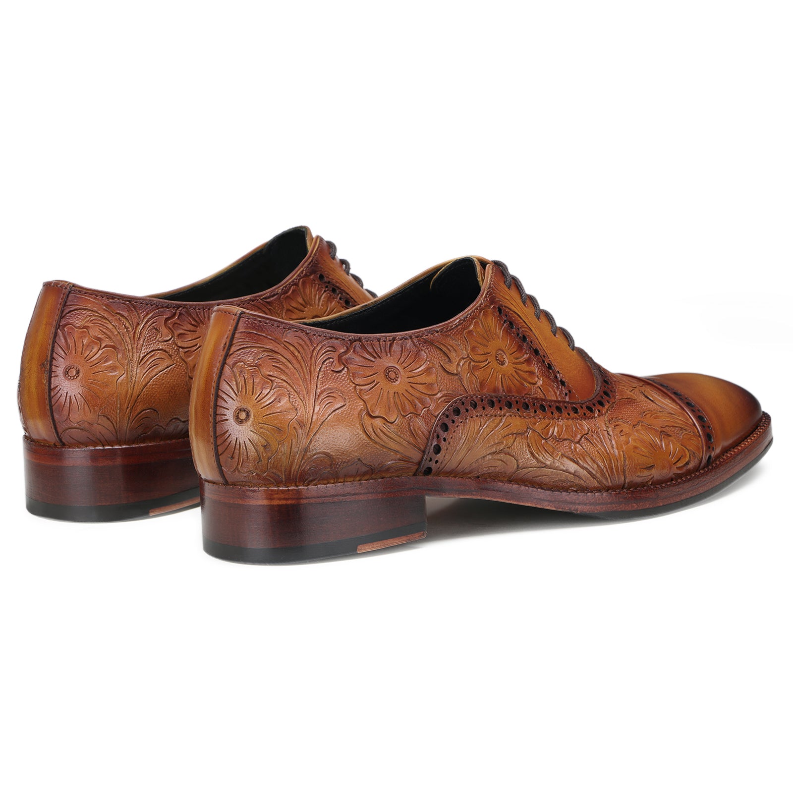 Handtooled florentine cap-toe oxford in cognac