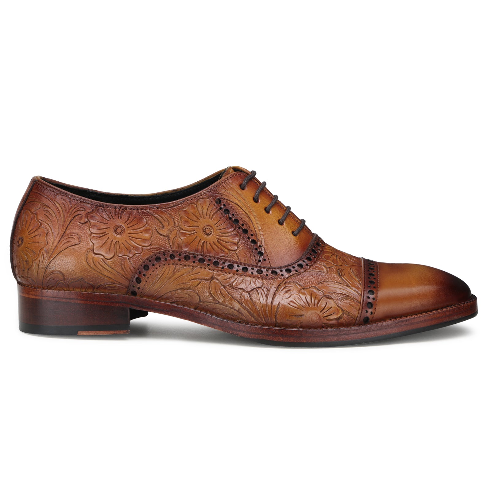 Handtooled florentine cap-toe oxford in cognac