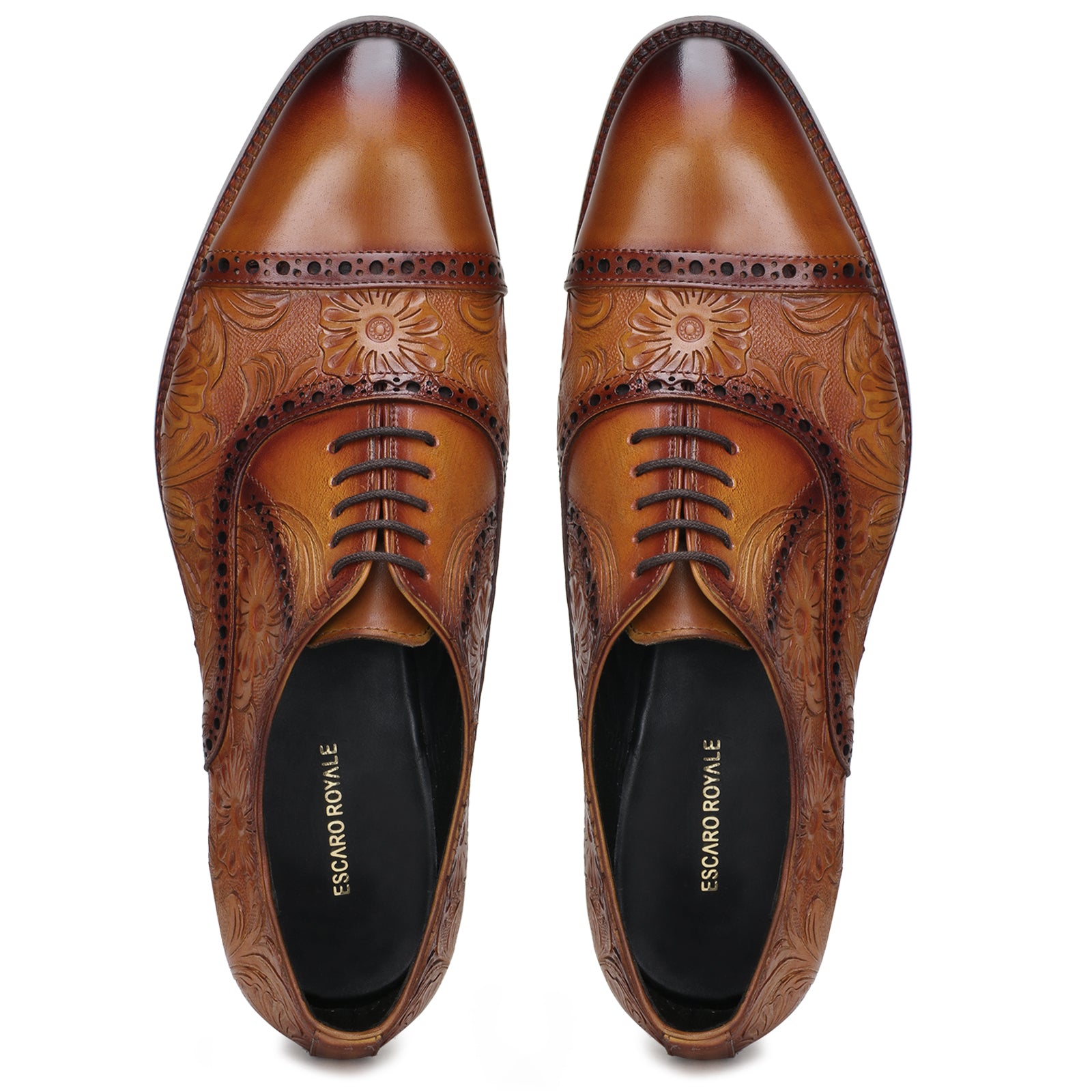 Handtooled florentine cap-toe oxford in cognac