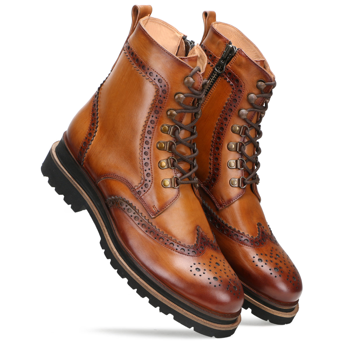 Edward Zipper+Laceup Brogue Boots in Cognac Tan - men's leather shoes, view 1
